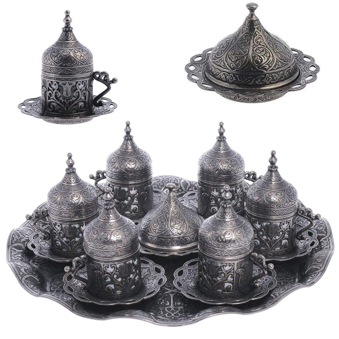 Premium 6-Piece Turkish Coffee Cup Set with Saucers & Lids - Traditional Ottoman Tulip Design (Lale) in Black - Perfect for Home Brewing, Gifts & Coffee Shops