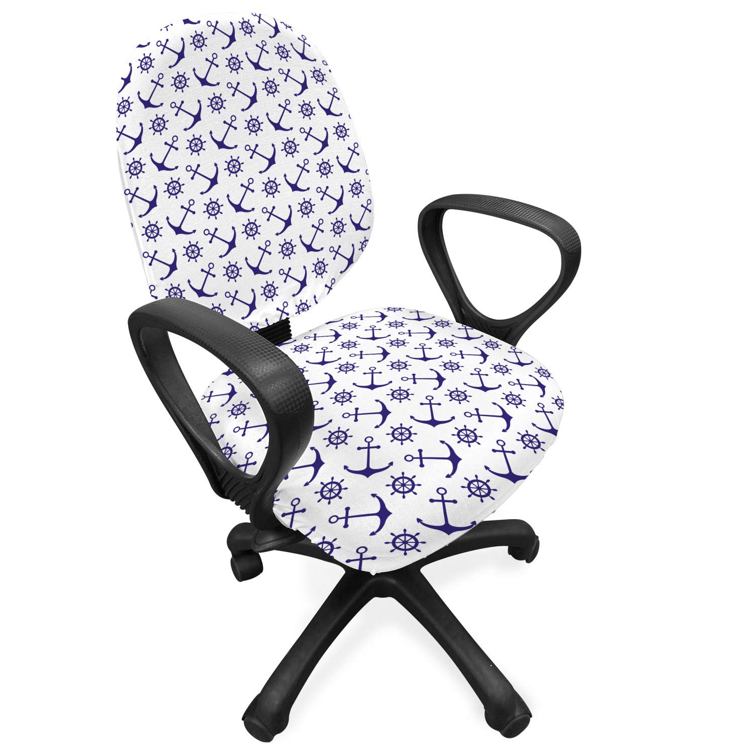 Ambesonne Navy Blue Office Chair Slipcover - Nautical Anchor & Ship Steering Wheel Design, Stretchable Protective Fabric Cover for Home & Office Use, Dark Blue & White Marine Theme Decoration