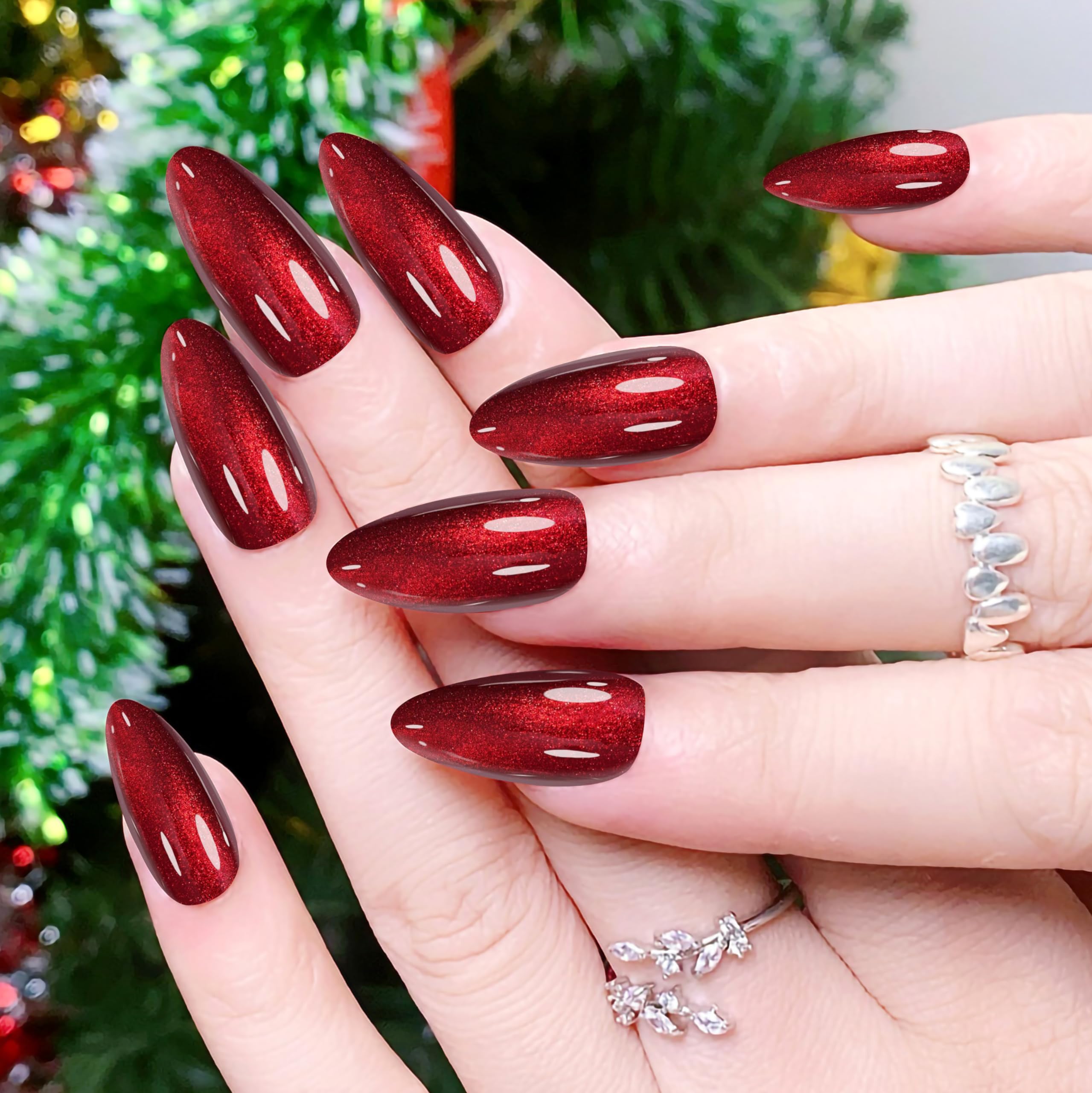 Dark Red Press On Nails for Women - Medium Length Almond Cat Eye Fake Nails with Glitter | 12 Sizes 24-Piece Reusable Nail Kit with UV Sealer | Perfect for Parties, Weddings, and Special Occasions