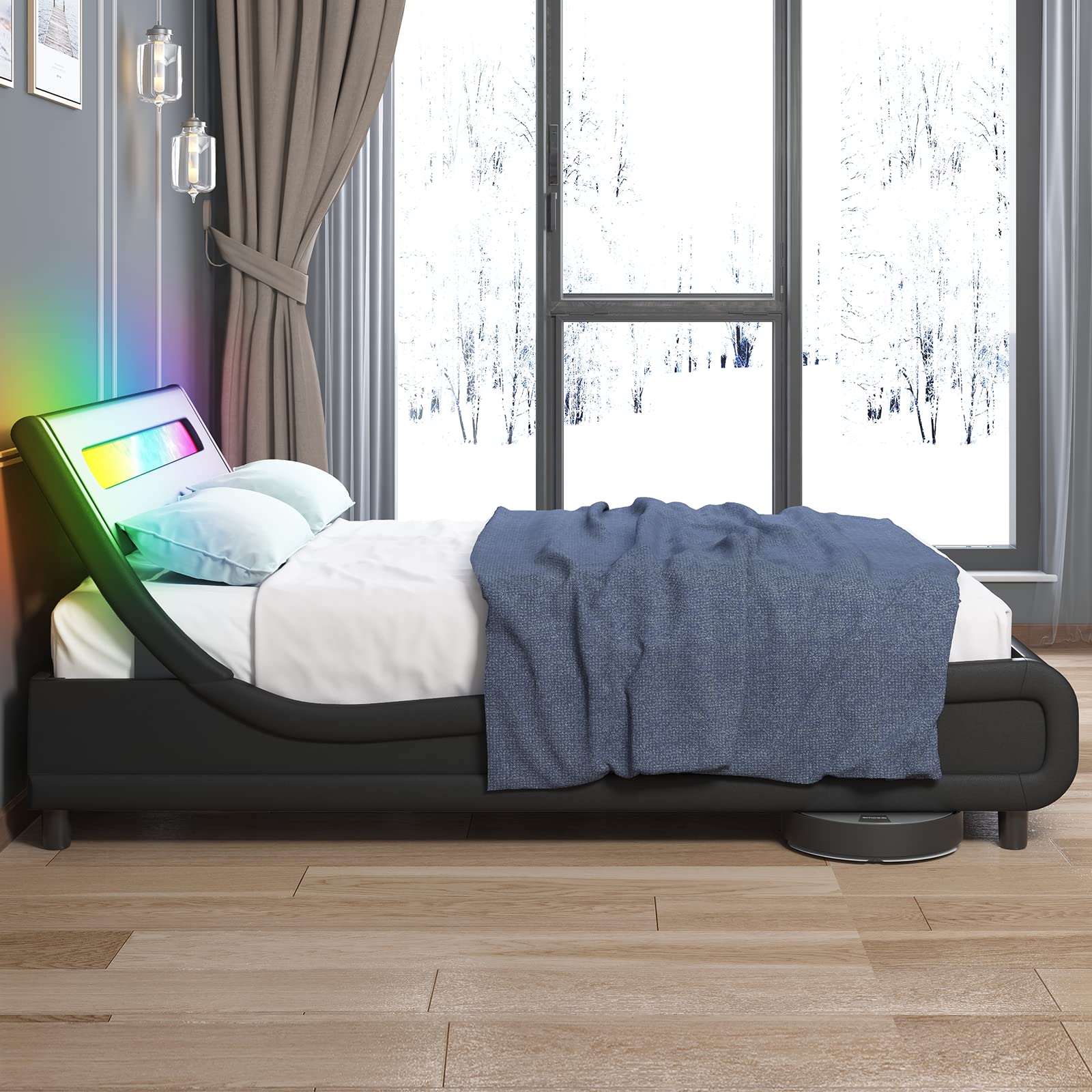 Modern LED Queen Size Bed Frame - Upholstered Platform Bed with PVC Headboard & Wooden Slats Support, No Box Spring Needed - Durable Sleigh Design for Bedroom, Guest Room, or Apartment - Black