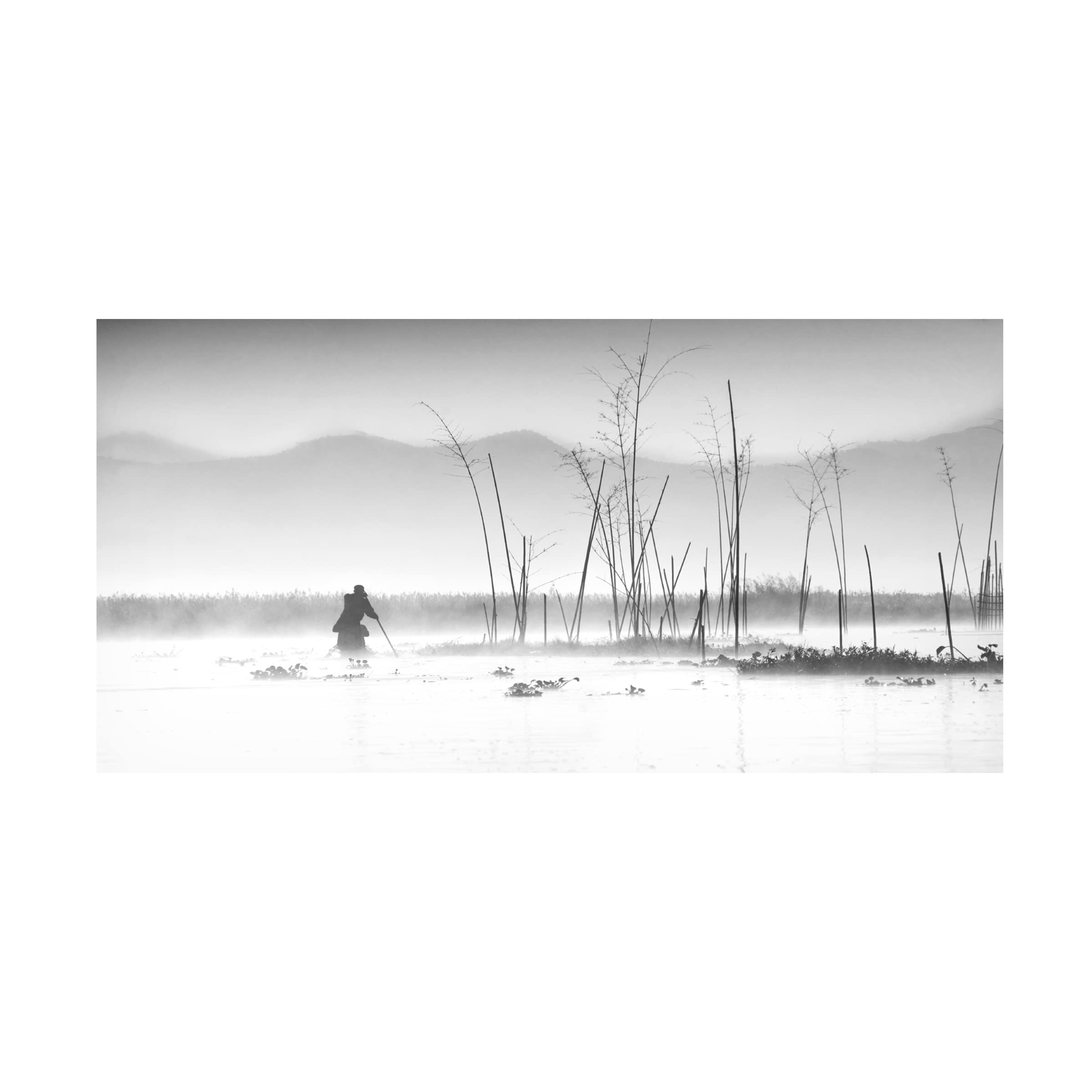 Joe B N 'Fishing In A Misty Morning' Canvas Wall Art Print - Landscape Nature Painting for Living Room, Bedroom & Office Decor