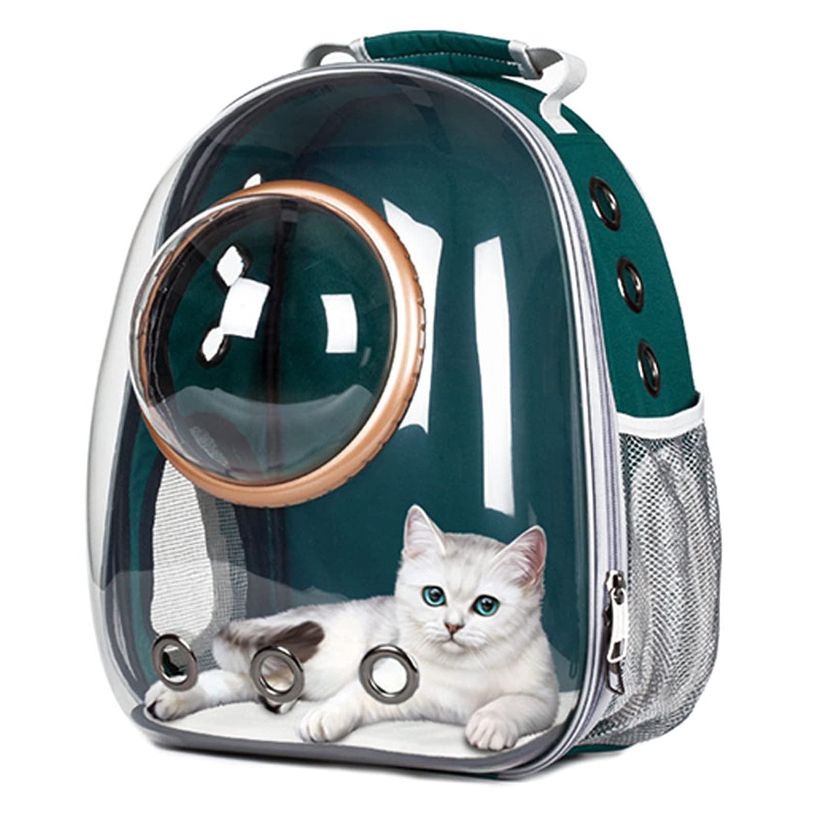 YUGHJFEN Astronaut Window Bubble Pet Carrier - Breathable Transparent Space Capsule Backpack for Dogs & Cats (Green with Gold Cover, Size M) - Perfect for Travel, Hiking & Outdoor Adventures
