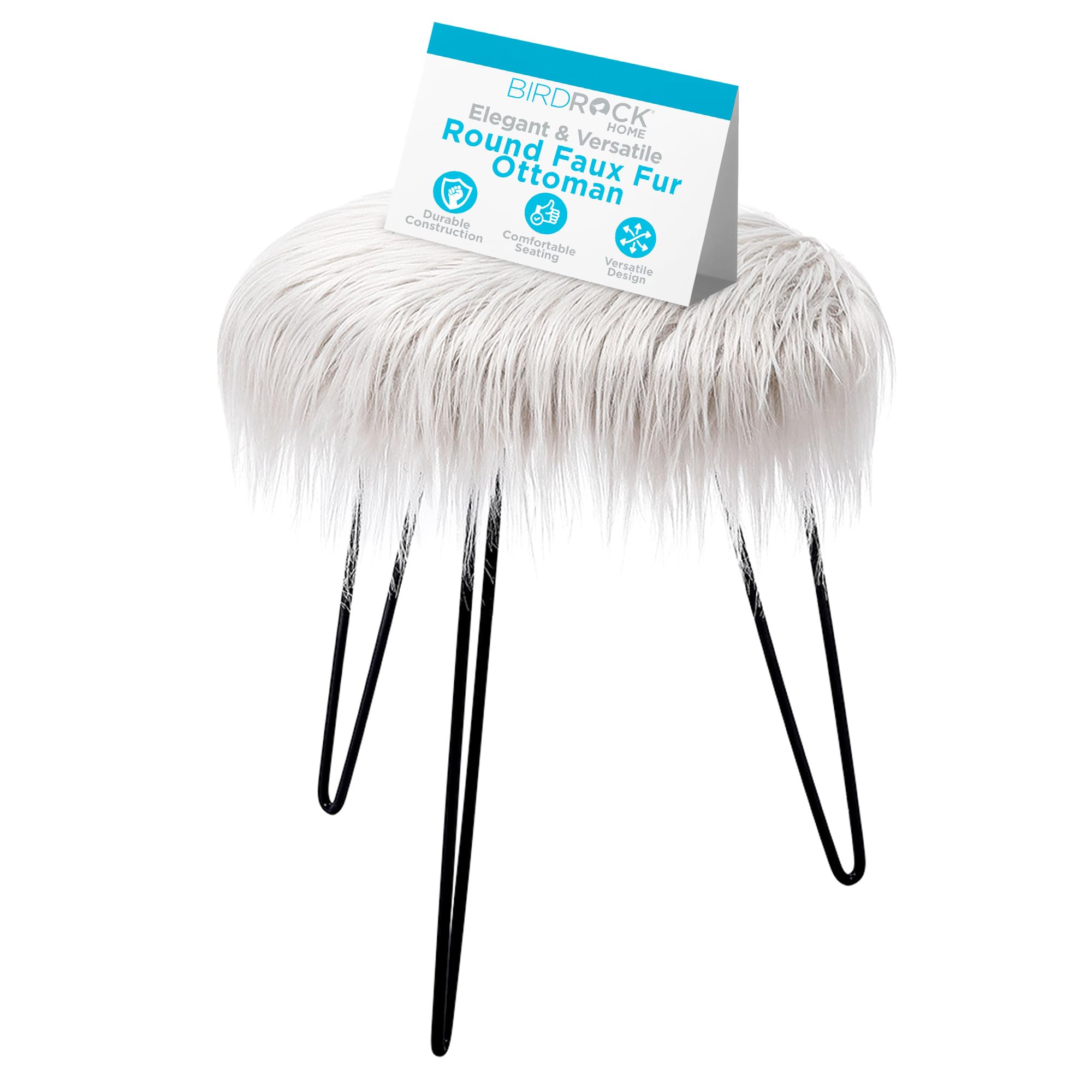 BIRDROCK HOME Round Faux Fur Foot Stool Ottoman with Black Hairpin Legs - Soft Padded Vanity Seat Makeup Chair for Bedroom, Living Room & Kids Room - Grey - Perfect for Reading Nook, Dressing Table & Lounge Decor