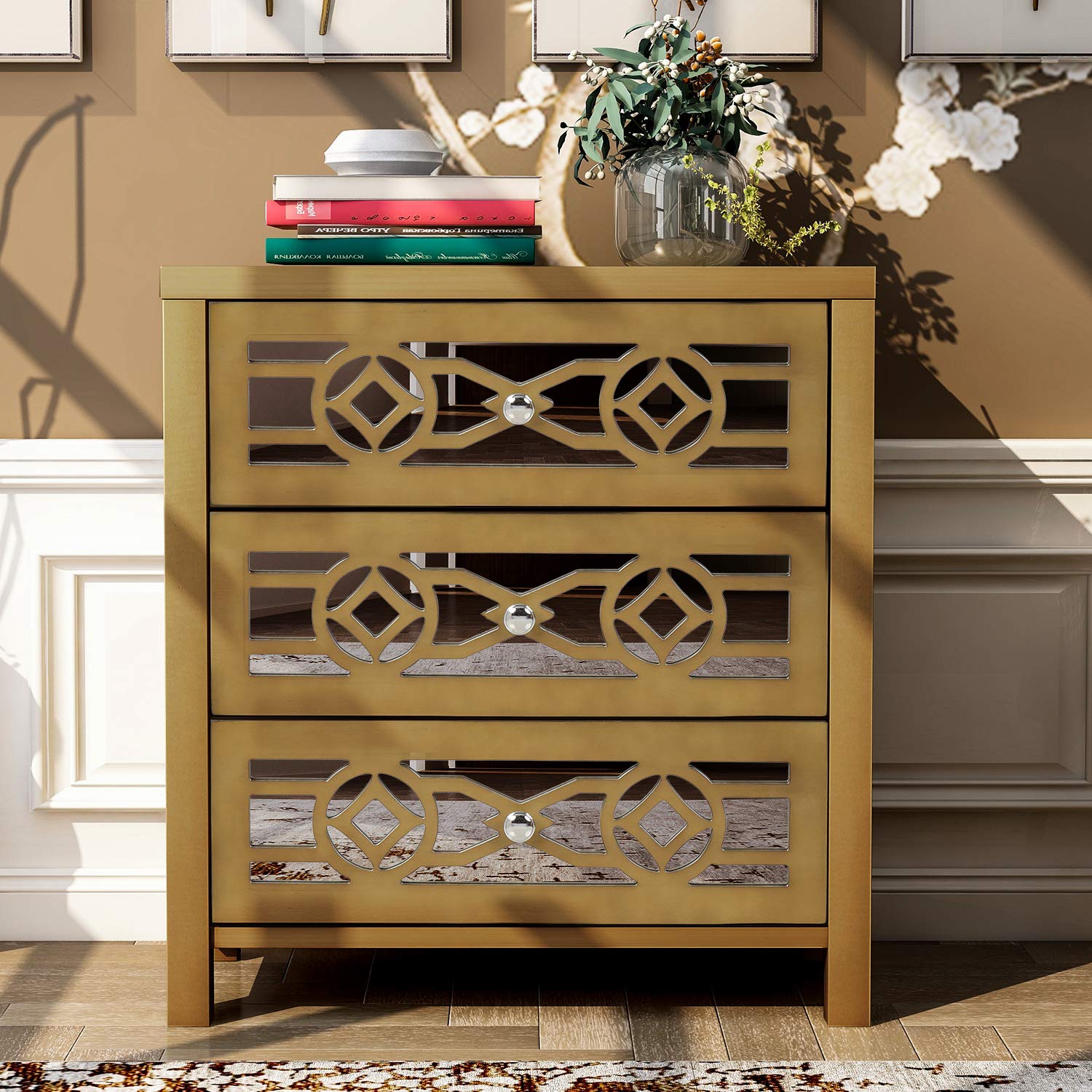 Goujxcy Wooden Storage Chest with 3 Drawers & Decorative Mirror - Gold Finish for Bedroom, Living Room & Home Organization | Perfect for Closet Storage, Blanket Organization & Entryway Decor