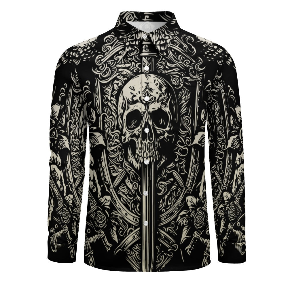 Gothic Skull Print Casual Long Sleeve T-Shirt with Single Pocket | Men's Streetwear Fashion for Halloween, Concerts & Alternative Style Outfits