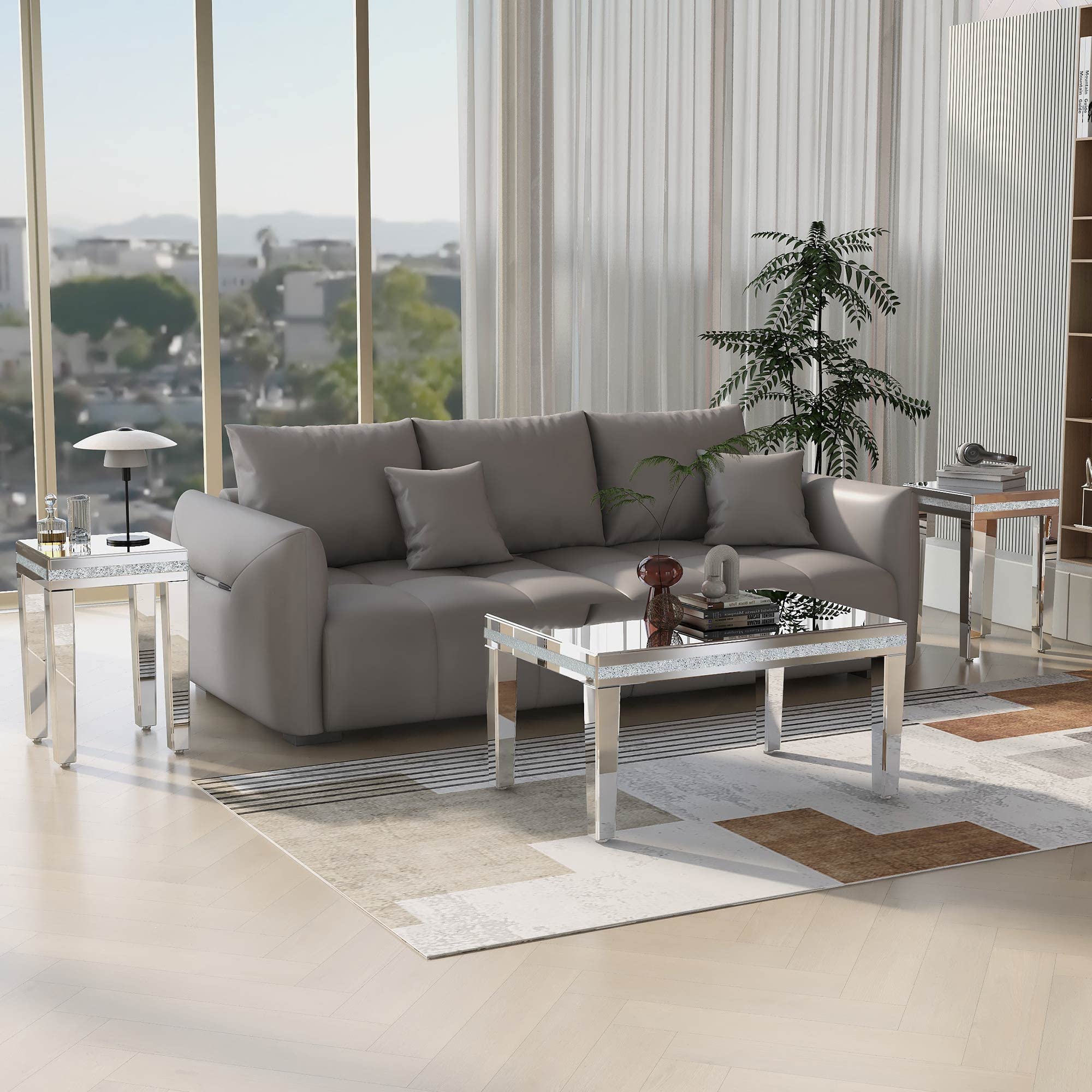 Merax Modern 3-Piece Mirrored Coffee Table Set with Crystal Design & Adjustable Legs - Silver Living Room Furniture for Reception, Lounge & Home Decor
