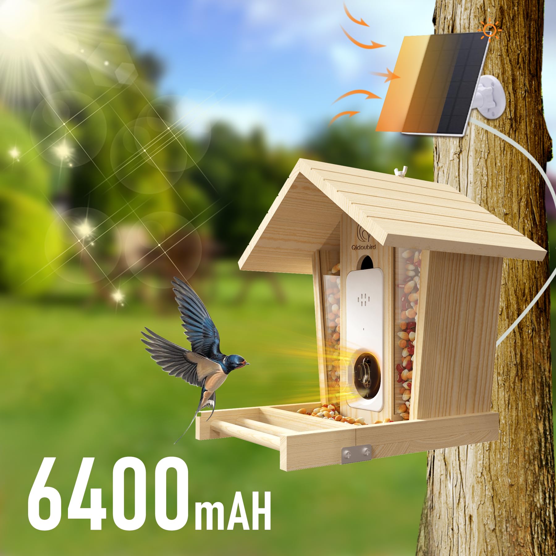 Solar Powered Smart Bird Feeder with Camera - 2K HD Auto Capture, Weatherproof Wooden Birdhouse with Live View - Perfect Gift for Bird Watching Enthusiasts (Backyard, Garden & Wildlife Observation)