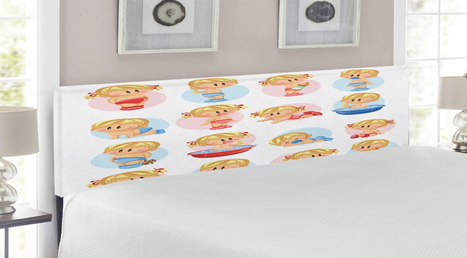 Ambesonne Cartoon Upholstered Headboard for Kids - Soft Memory Foam Decorative Metal Bed Frame with Playful Baby Scenes (Bathing, Sleeping, Crawling, Drinking Milk), King Size Multicolor - Perfect for Nursery, Kids' Room & Toddler Bedroom Decor