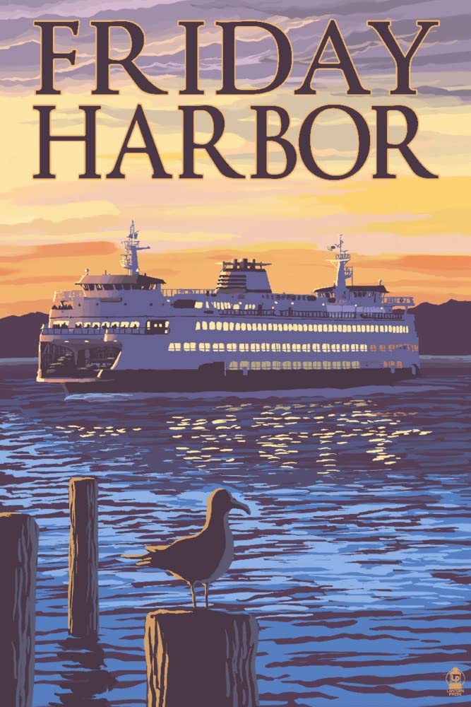 Friday Harbor Washington Ferry Sunset and Seagull Art Print - 24x36 Signed Wall Decor Poster - Perfect for Living Room, Bedroom, or Office Decor