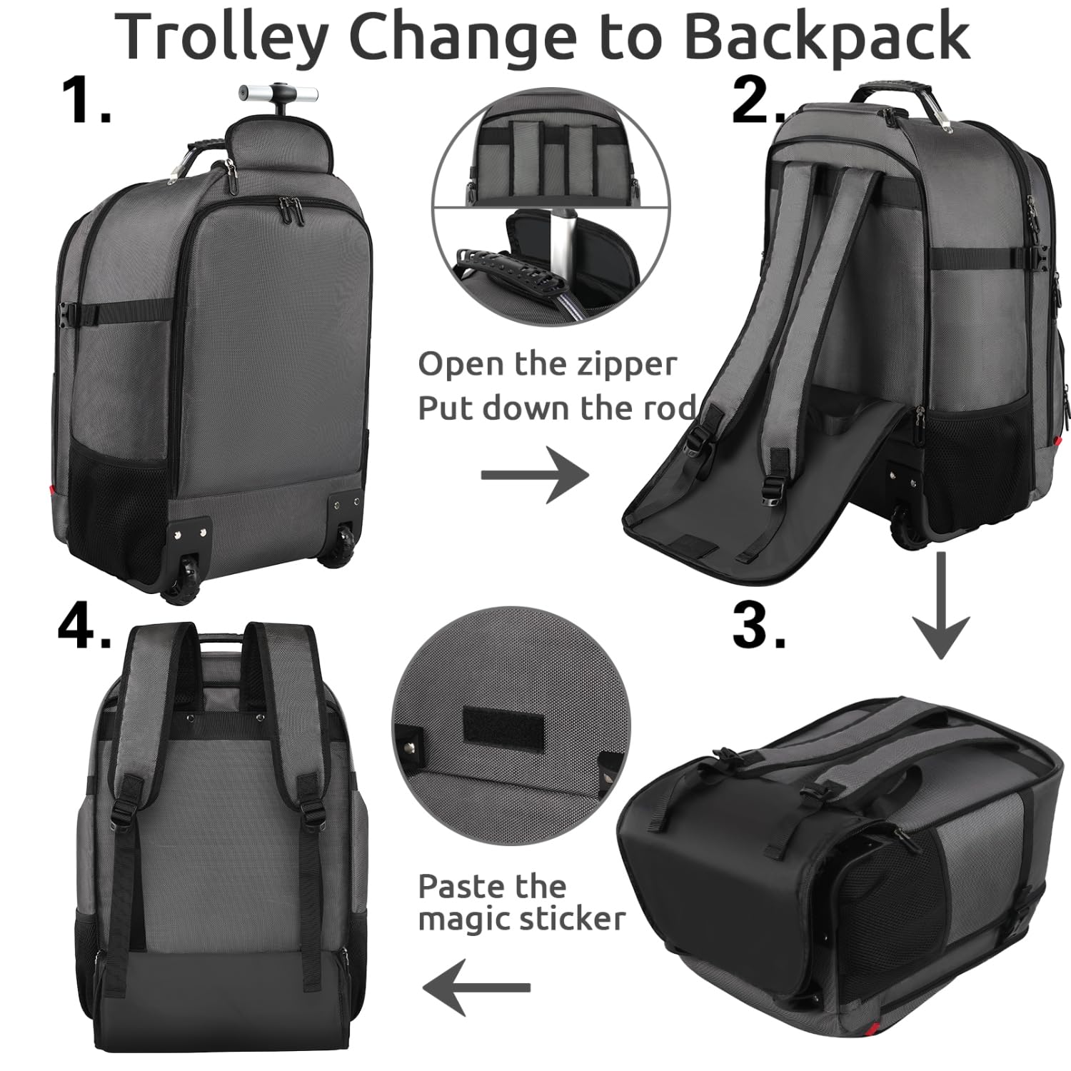 ZOMFELT 17.3 Inch Rolling Laptop Backpack for Men & Women - Wheeled Carry On Backpack with 3 Packing Cubes - Business Travel Backpack with Wheels for Work, Airplane, Commuting (Grey)