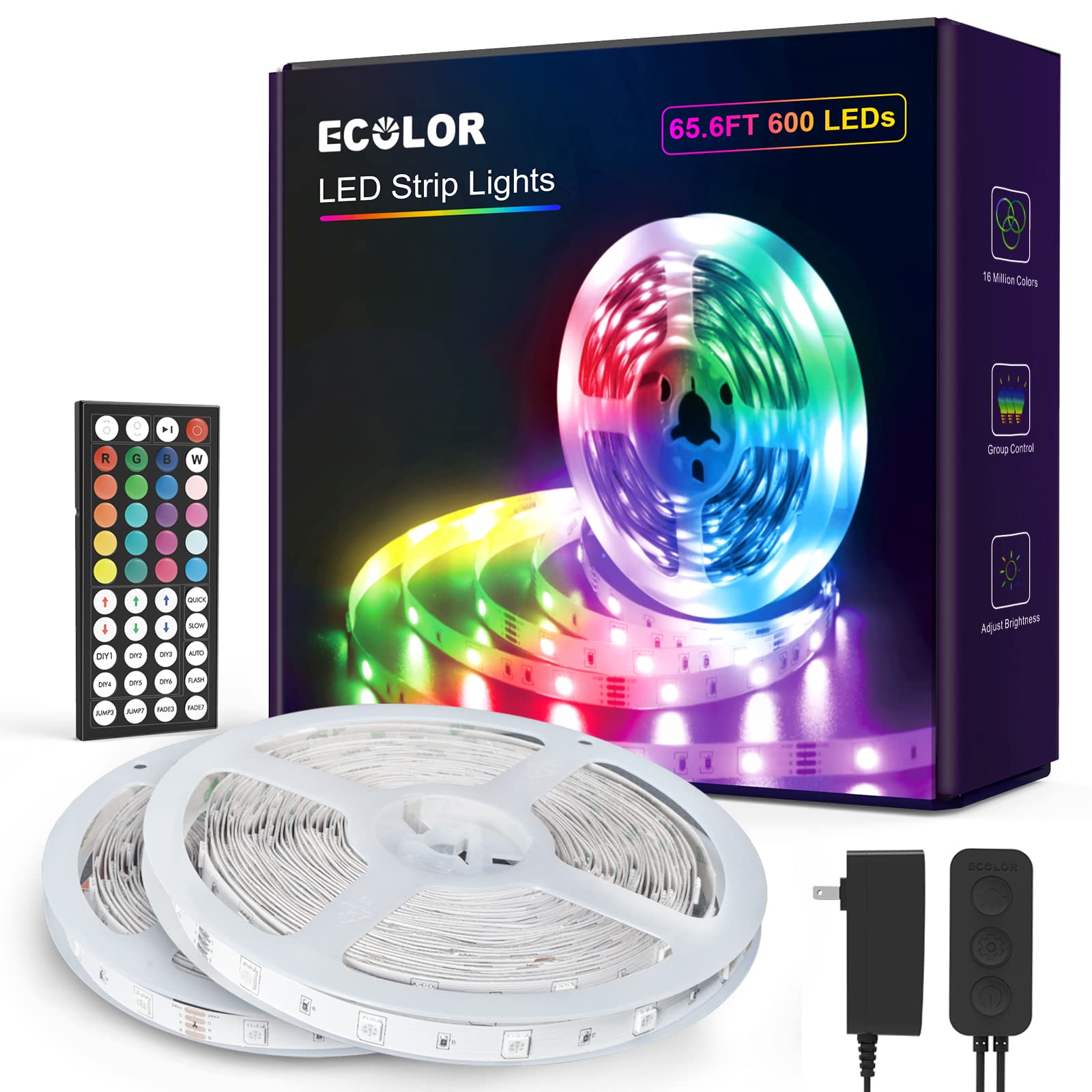 ECOLOR 65.6ft LED Strip Lights 5050 RGB Color Changing with Remote - 600 Bright LEDs for Bedroom, Home Decoration, DIY Modes - Perfect for Parties, Gaming Setup & Mood Lighting (2 Rolls of 32.8ft)