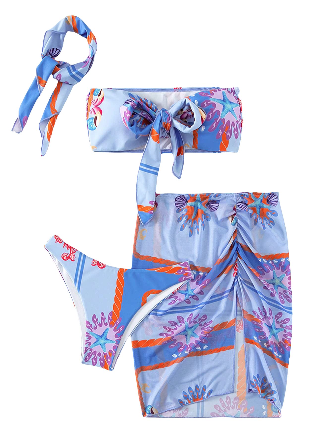 WDIRARA Women's 4-Piece Floral Print Bikini Set - Tie Front Swimsuit, Beach Skirt & Headband for Summer Vacation, Pool Party, and Tropical Getaway