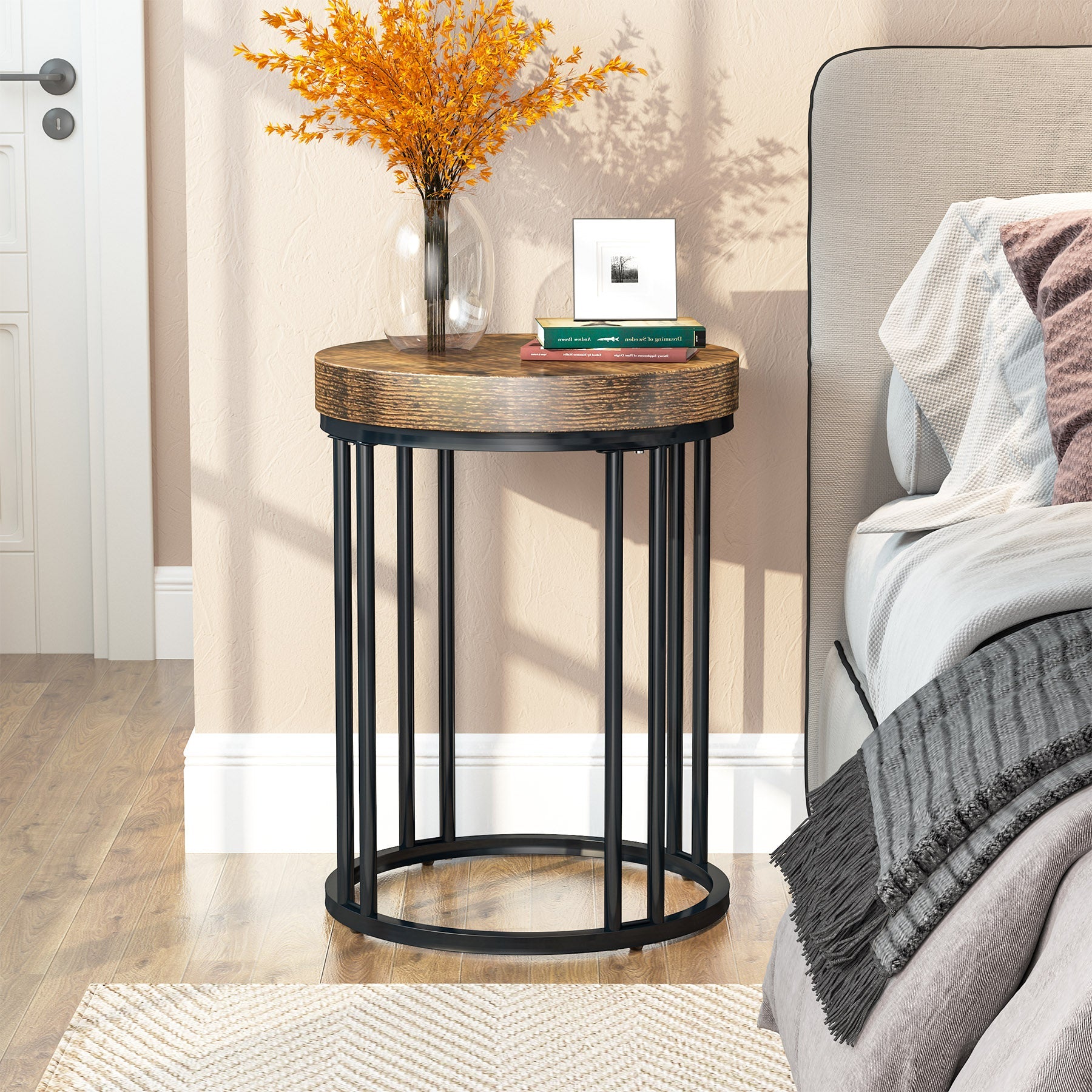 Round End Table - Small Accent Side Table with Sturdy Metal Frame for Living Room, Bedroom & Office Decor | Modern Side Table for Coffee, Books & Plants