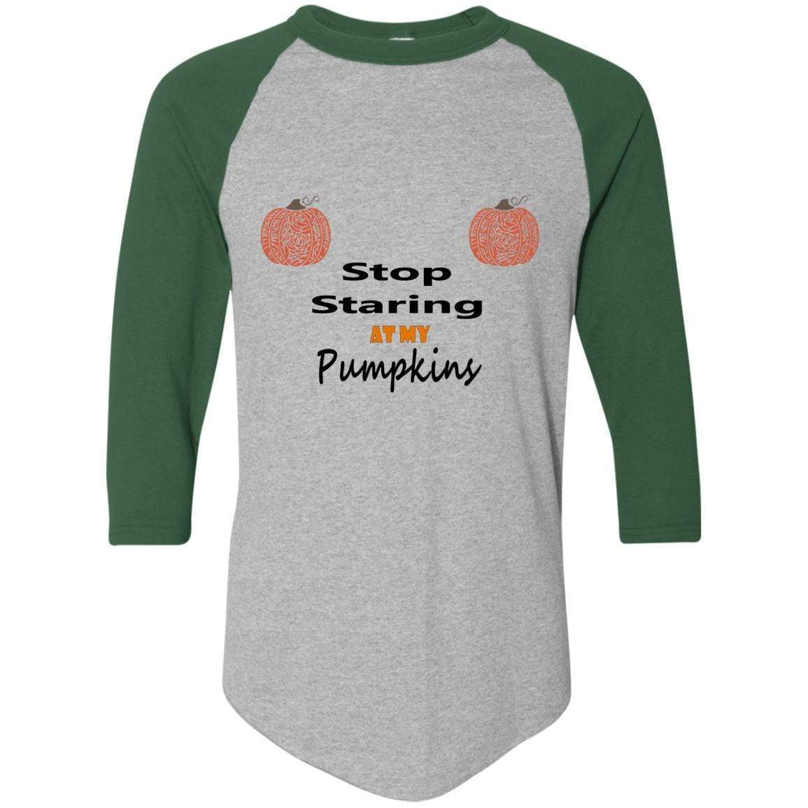 WineyBitches.Co Stop Staring At My Pumpkins Colorblock Raglan Jersey - Trendy Women's Fall Sweatshirt for Halloween, Thanksgiving & Cozy Seasonal Outfits