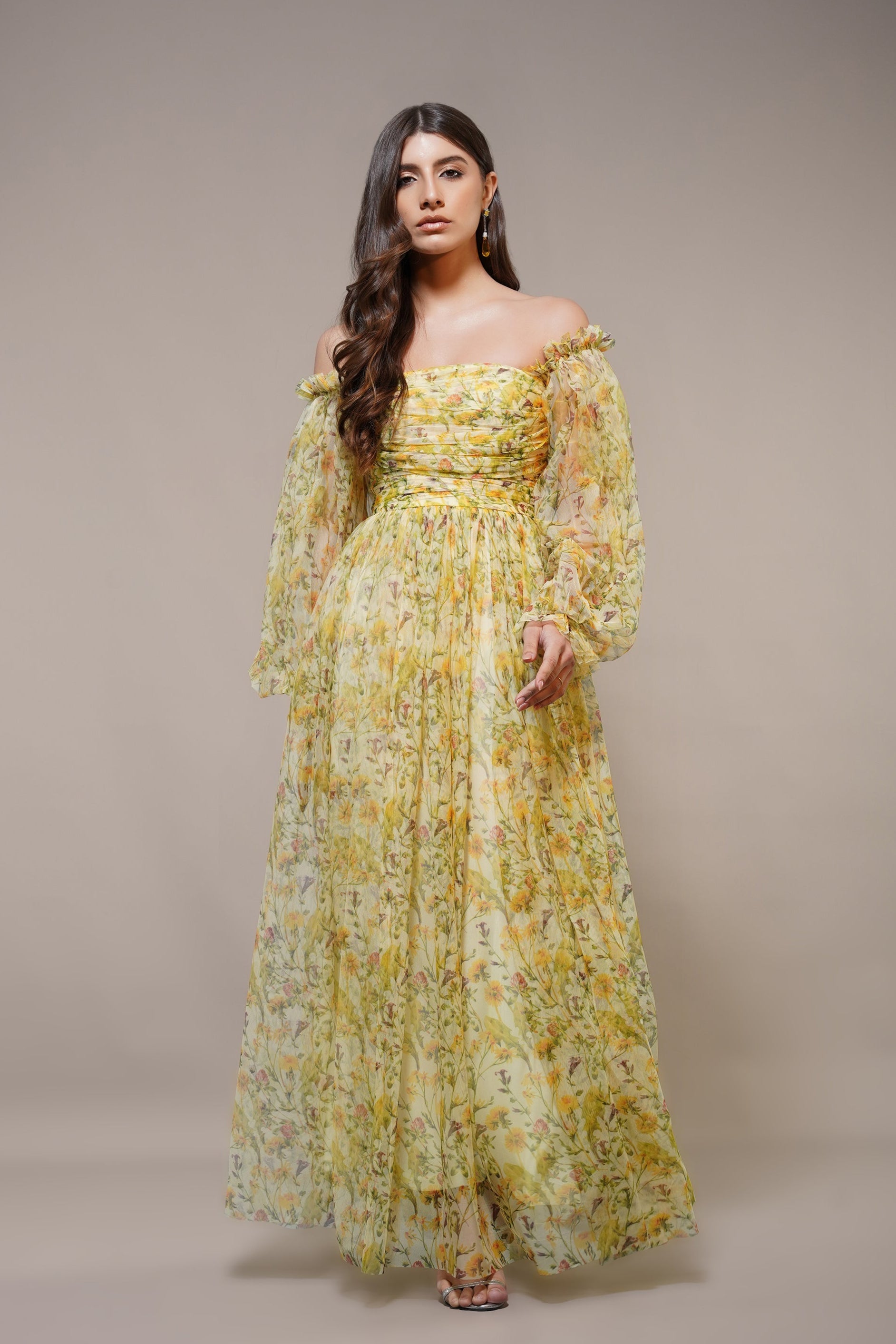 Lana Yellow Printed Tulle Maxi Dress - Flowy Summer Beach Dress for Women, Boho Chic Wedding Guest Outfit, Perfect for Vacations & Special Occasions