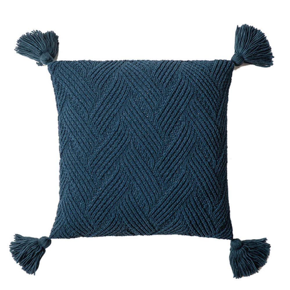 SDCVRE 45x45cm Twill Knit Cushion Cover - Solid Beige Green Grey Pillow Case with Tassels for Sofa Bed - Home Decoration Square Pillow Cover (Blue) | Perfect for Living Room, Bedroom & Home Decor