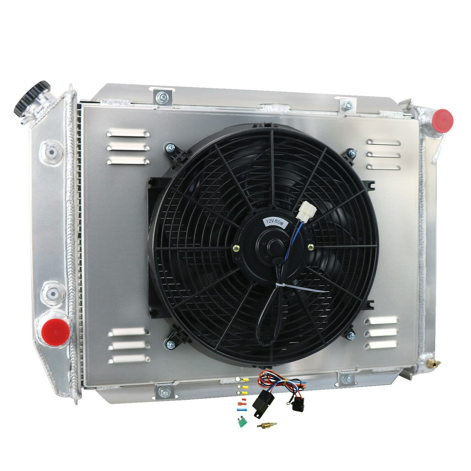 High-Performance Aluminum Radiator for 1967-1968 Ford LTD Galaxie 500/Thunderbird & Mercury Marquis/Colony Park - 4-Row Full Aluminum Cooling System with Fan Shroud & Relay - Perfect for Classic Car Restoration & Hot Rod Upgrades