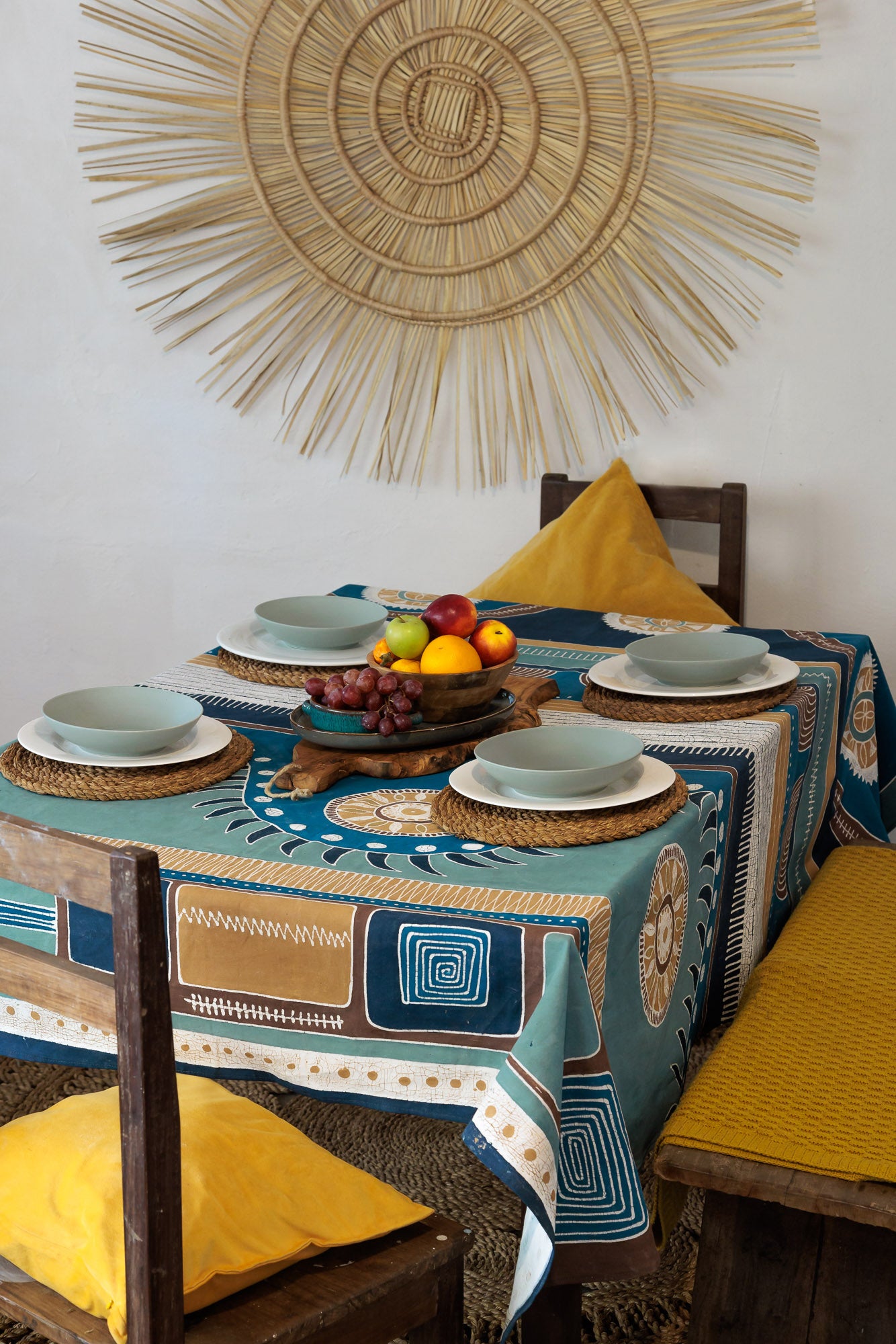 Premium Mali Azure Tablecloth - 100% Cotton, Wrinkle-Resistant, Machine Washable - Perfect for Dining, Parties, and Outdoor Events