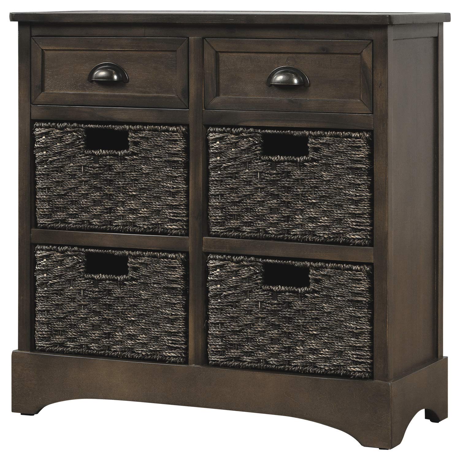 Modern Sideboard Buffet Server with 2 Drawers & 4 Wicker Baskets - Kitchen Storage Cabinet, Entryway Console Table for Dining Room & Living Room - Brown Gray Accent Furniture (Perfect for Home Organization & Entertaining)