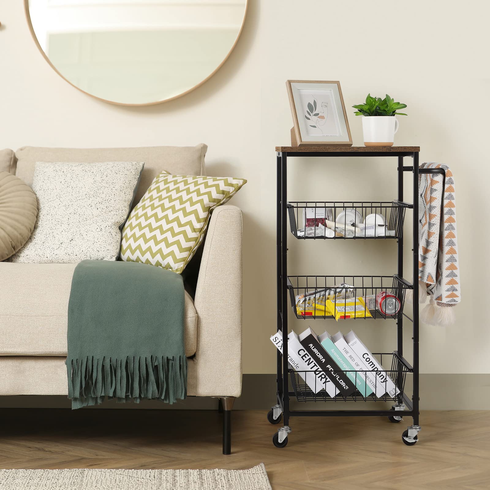 Smusei 4-Tier Rolling Kitchen Cart with Pull-Out Baskets - Mobile Metal Utility Storage Cart for Home, Bathroom, Pantry Organization - Perfect for Small Spaces, Kitchen Prep & Bathroom Storage