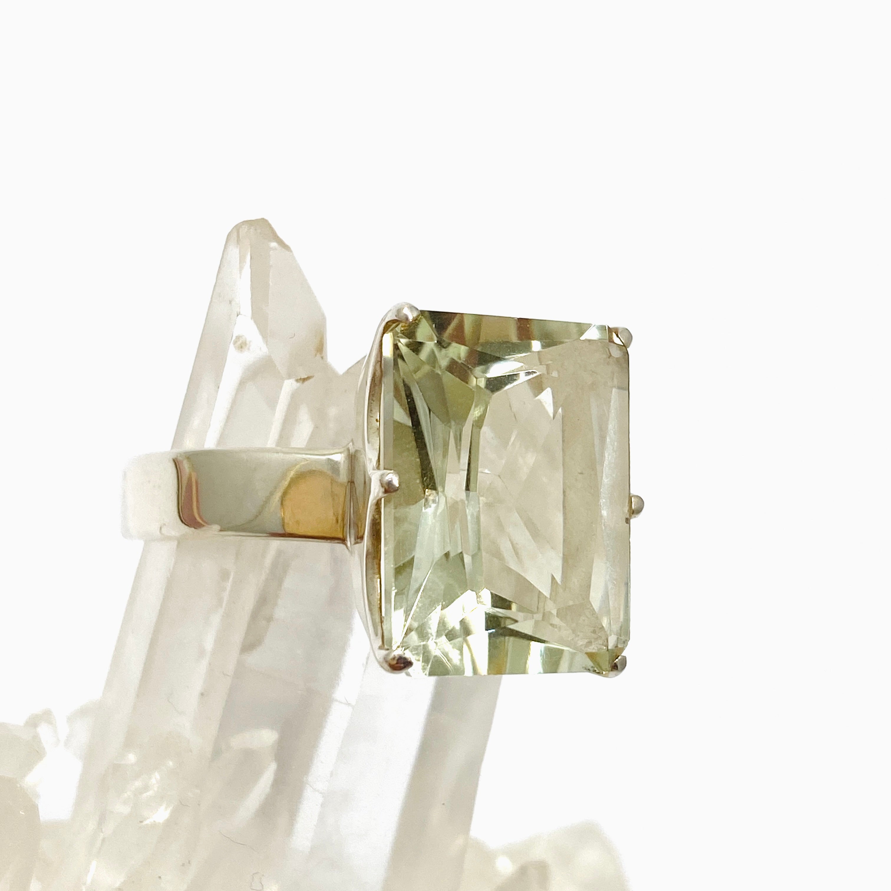 Prasiolite (Green Amethyst) Emerald Cut Faceted Ring - Size 13 - Sterling Silver Jewelry PRGJ616 - Perfect for Weddings, Anniversaries & Special Occasions