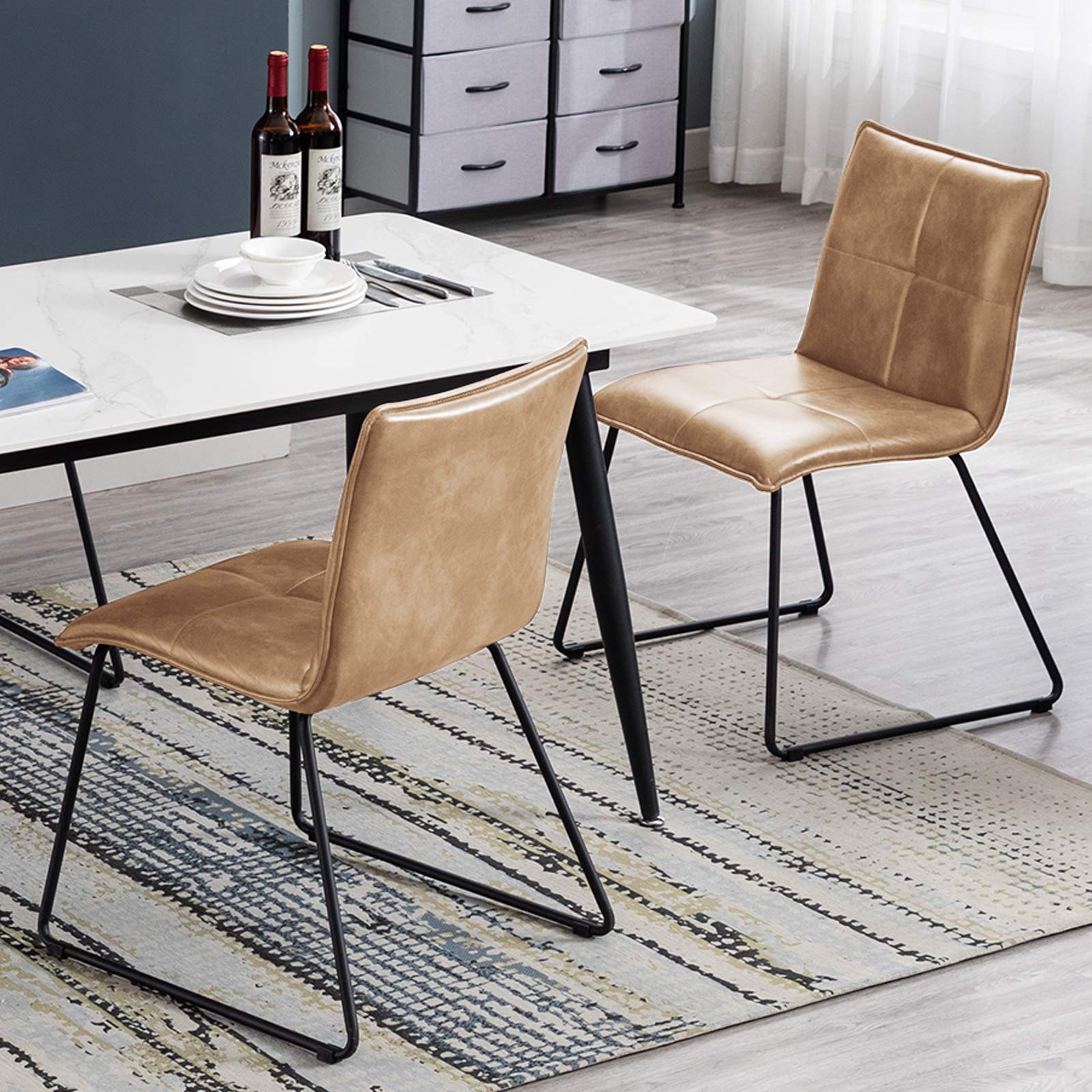 DUHOME Set of 2 PU Leather Mid Back Dining Chairs with Metal Sled Base - Modern Accent Chairs for Kitchen, Living Room & Dining Room - Comfortable Camel Color Seating for Home & Office Use