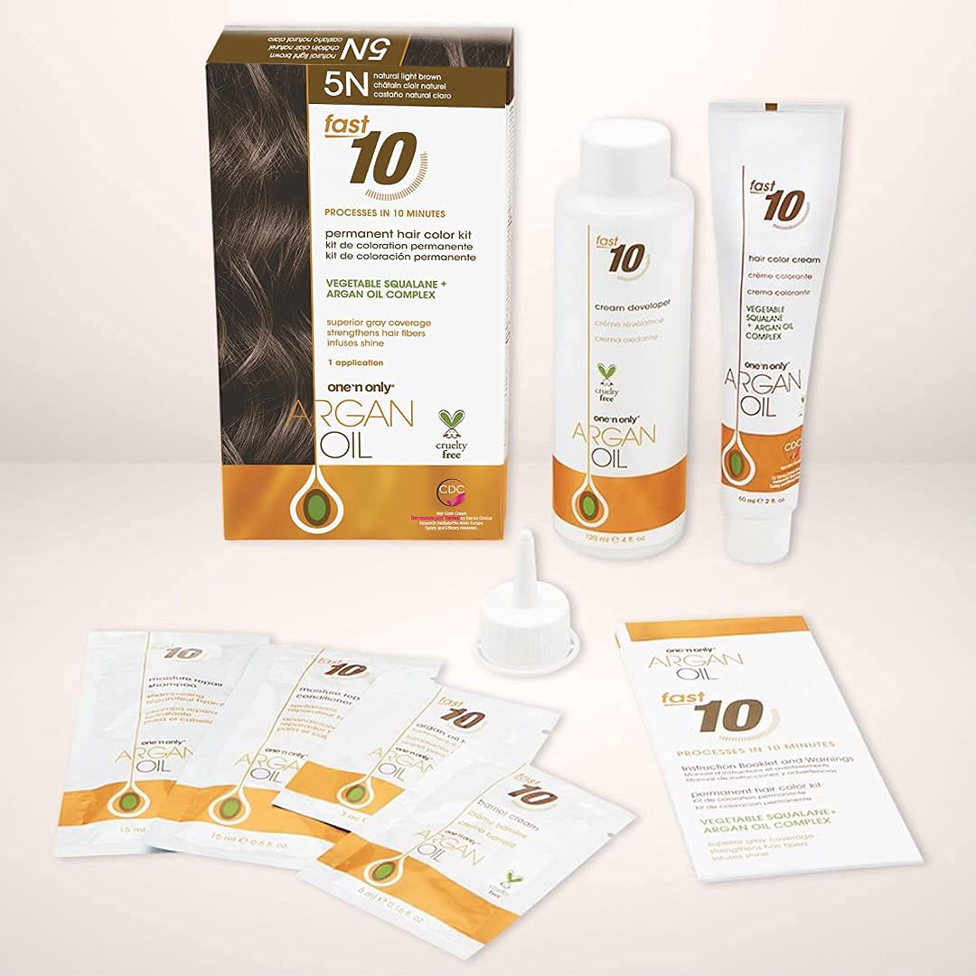 Argan Oil Fast 10 Permanent Hair Color Kit - 5N Light Brown | Salon-Quality At Home