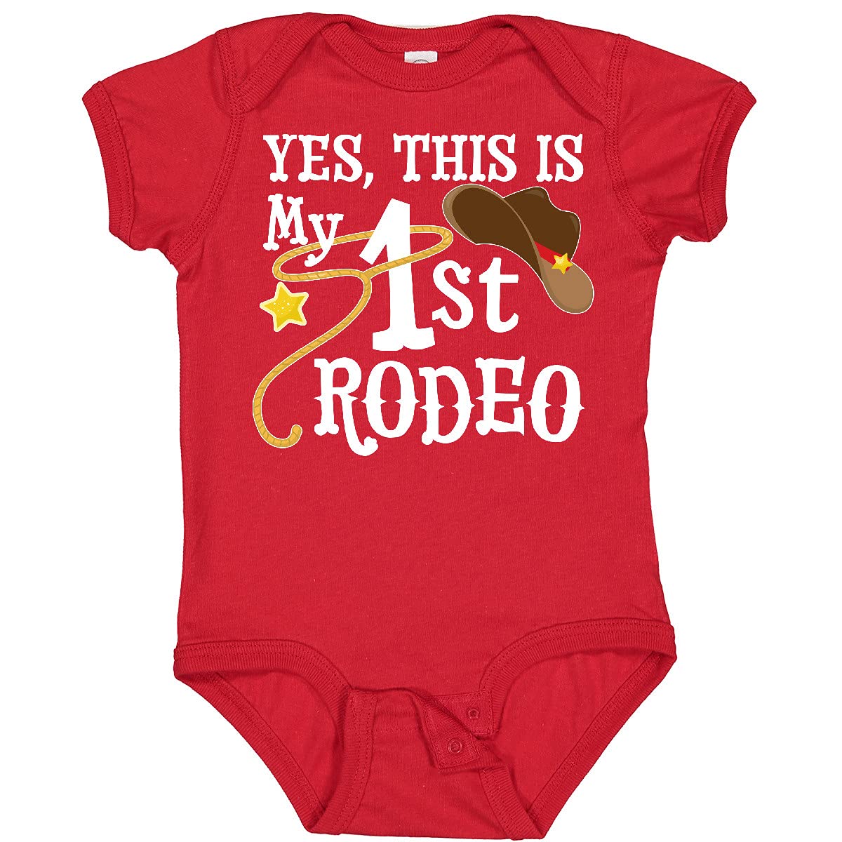Inktastic 'Yes, This Is My 1st Rodeo' Cowboy Hat with Red Band Baby Bodysuit - Cute Western Outfit for Rodeo Events, Cowboy Themed Parties & First Birthday Photos