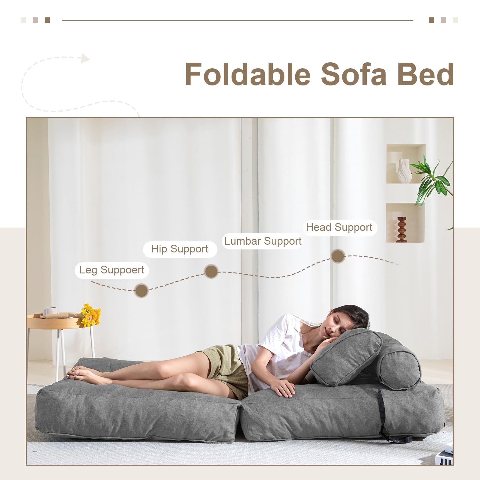 MAXYOYO Folding Couch Sofa Bed - Convertible Sleeper Chair with Back Support & Pillow, Space Saving Grey Futon for Small Apartments, Guest Rooms & Dorm Living