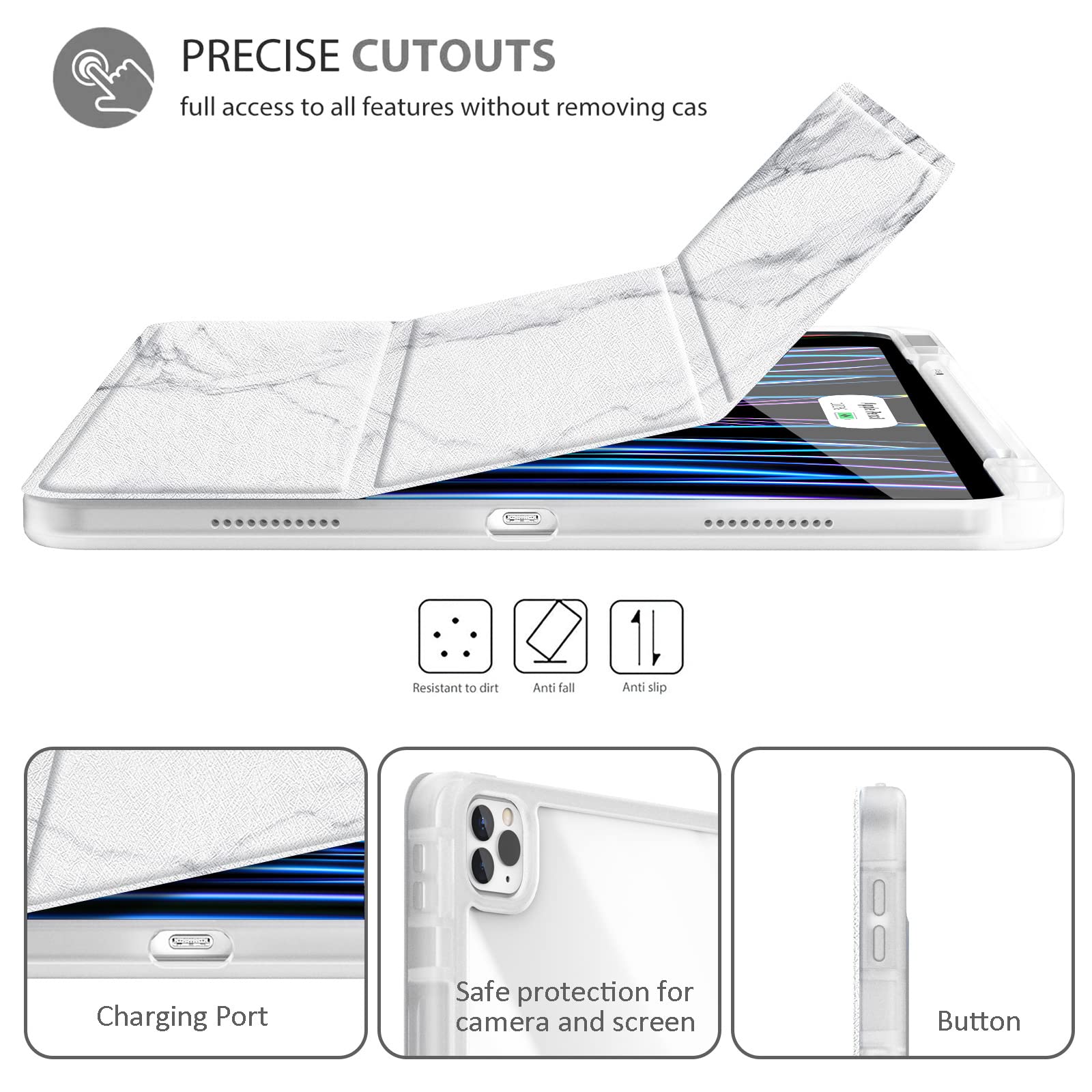 Gahwa Slim Shockproof Case for iPad Pro 12.9 Inch 6th/5th/4th/3rd Gen (2022-2018 Models) - Clear Transparent Back Cover with Built-in Apple Pencil Holder | Marble Design | Perfect for Work, Travel & School Protection