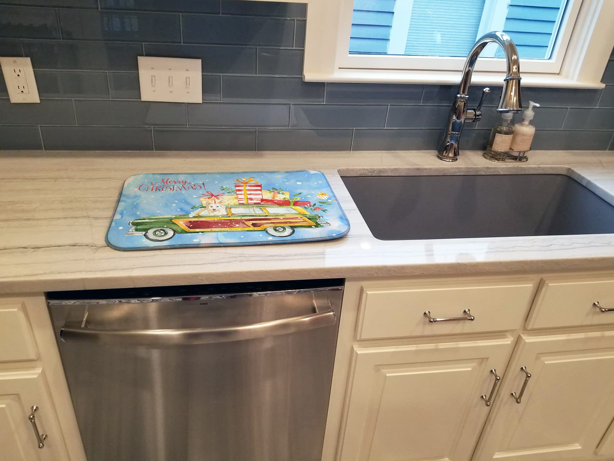 Christmas Dog Dish Drying Mat - Absorbent Kitchen Counter Pad for Holiday Decor