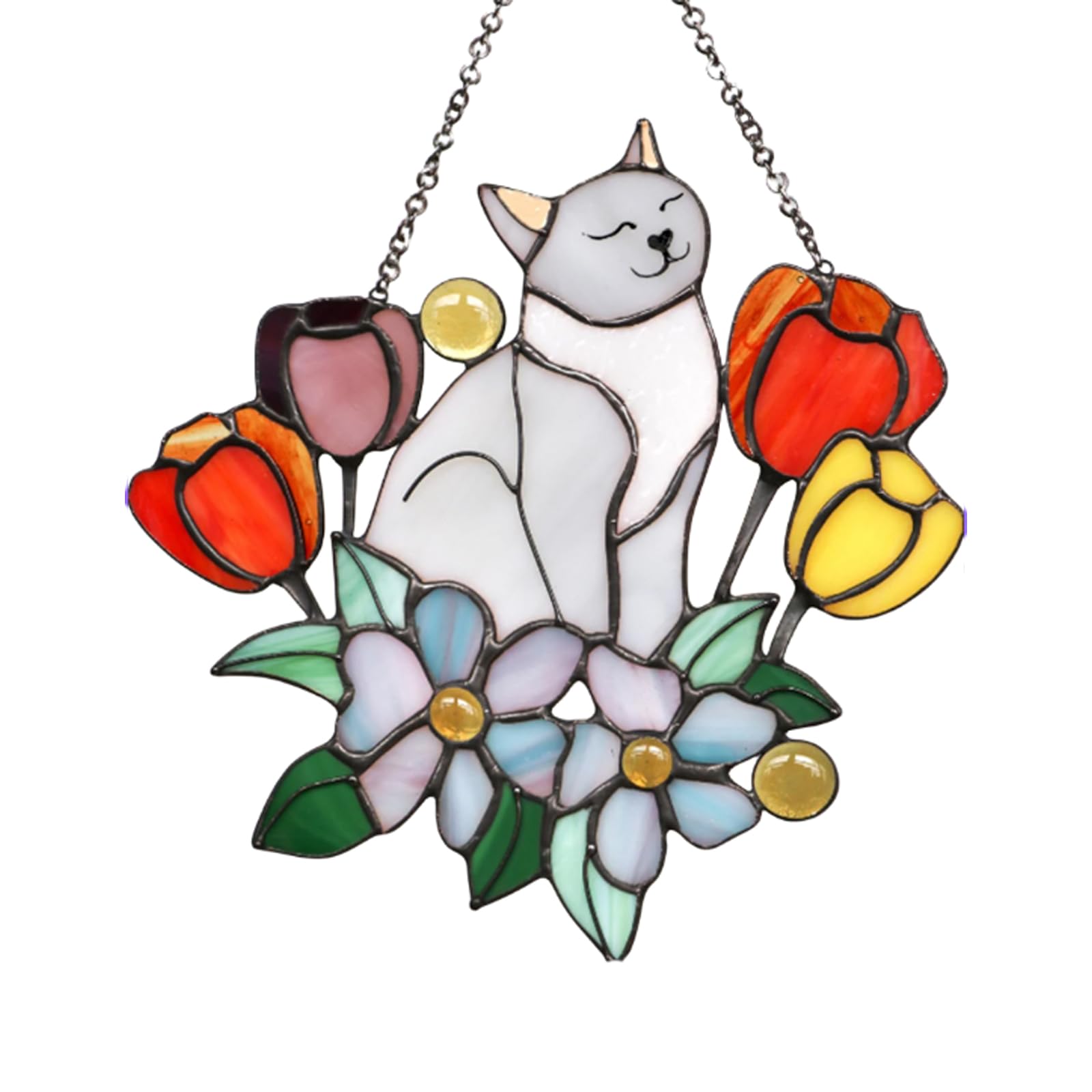 Handmade Cat Suncatchers Decor - Stained Glass Window Hangings with Floral Designs for Cat Lovers | Perfect for Home, Office, Patio & Gift Giving - Creates Beautiful Rainbow Reflections in Sunlight