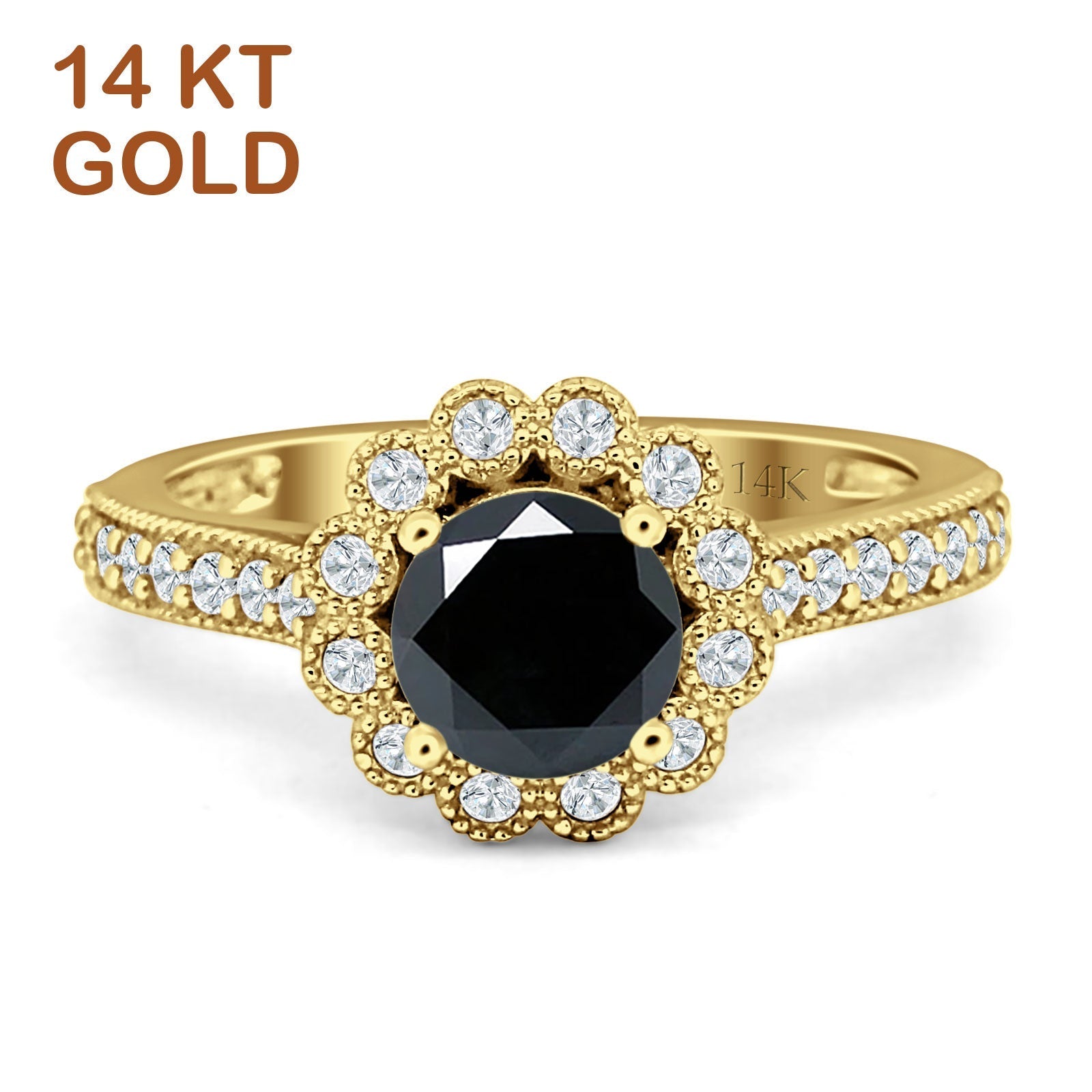 14K Yellow Gold Round Black Cubic Zirconia Vintage Flower Ring for Women - Elegant Jewelry Gift for Anniversary, Birthday & Special Occasions