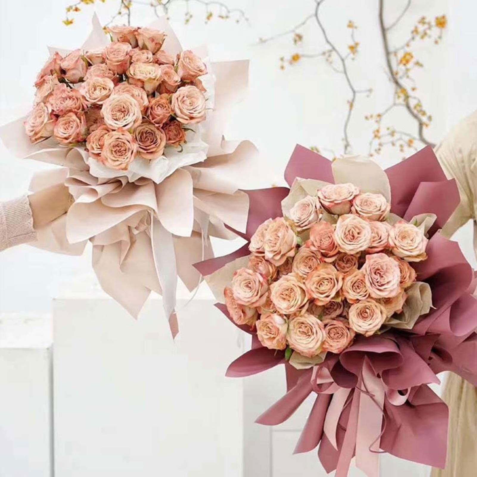 Premium Korean Honey Paper Floral Wrapping Paper - 40 Sheets Waterproof Flower Bouquet Wrapping for Fresh Flowers, 22.8x22.8 Inch (Begonia Red) - Perfect for Wedding Bouquets, Gift Wrapping & Floral Arrangements