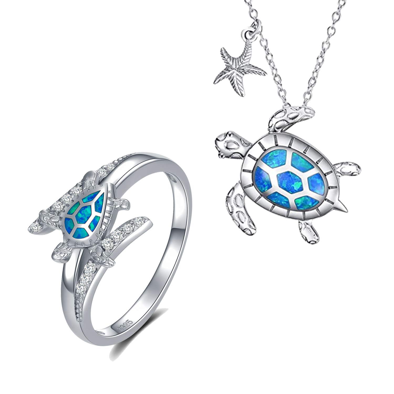 WINNICACA Sterling Silver Sea Turtle Necklace & Ring Set with Blue Opal - Ocean Themed Jewelry for Women | Perfect Gift for Beach Lovers, Marine Enthusiasts & Nature Inspired Fashion