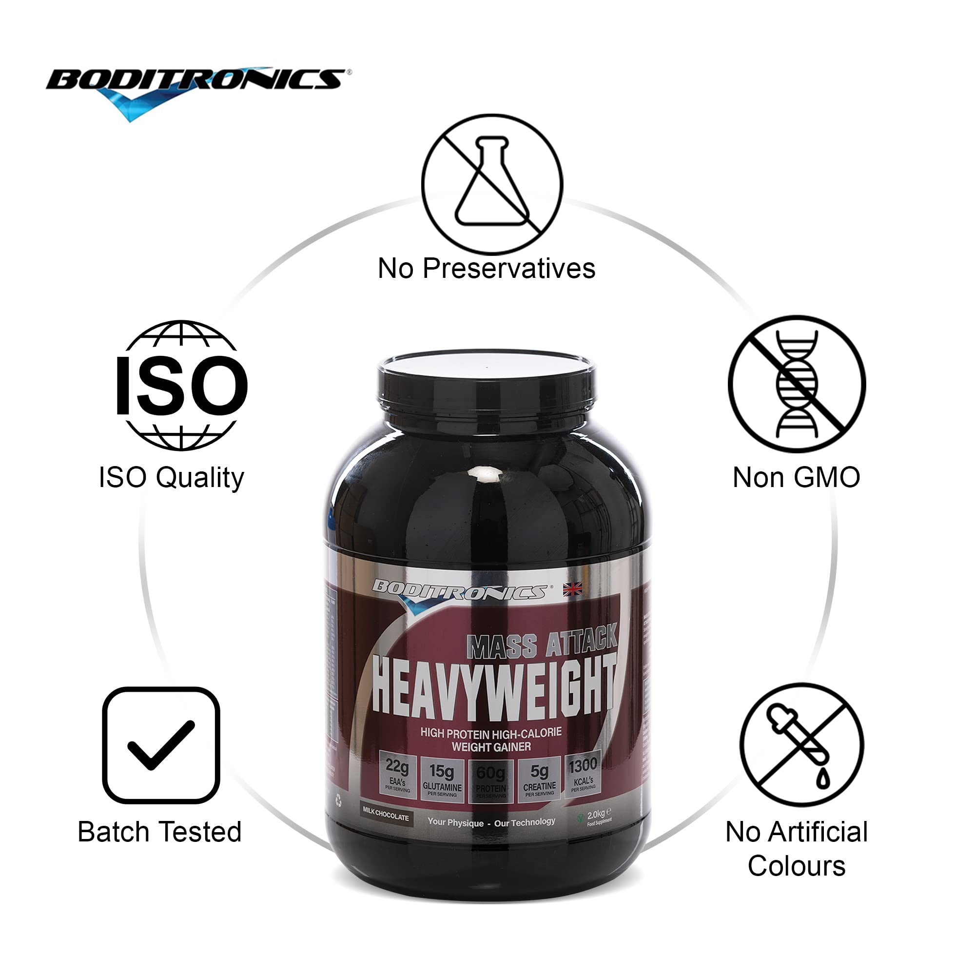Boditronics Mass Attack Heavyweight 2kg Weight Gain Supplement for Bodybuilding & Muscle Growth - Perfect for Post-Workout Recovery & Strength Training