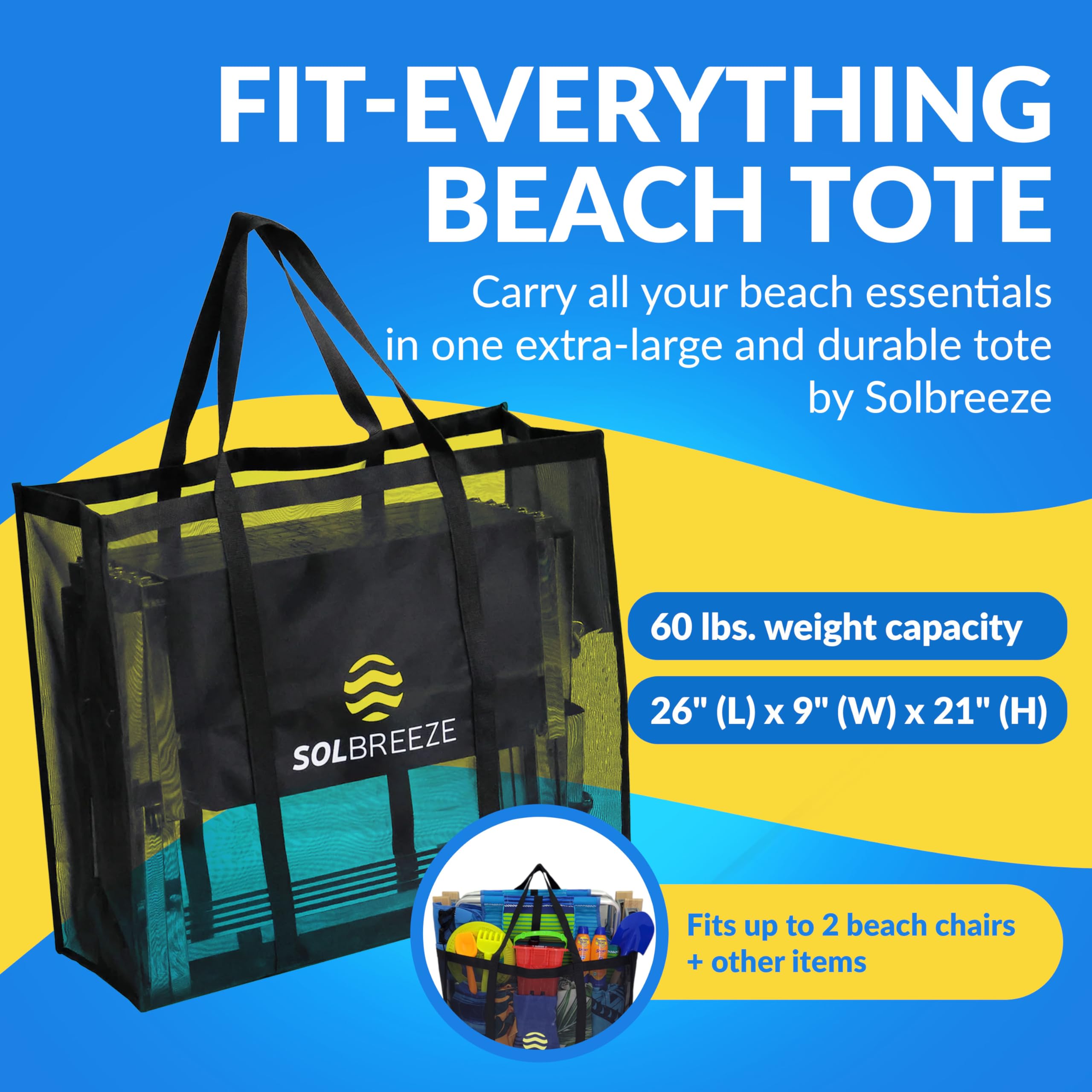 SOLBREEZE XX-Large Beach Tote Bag - Heavy Duty 60 lbs Capacity, Fits 2 Beach Chairs, Water-Resistant Black Sand Carrier | Perfect for Beach Trips, Poolside Lounging & Summer Vacations