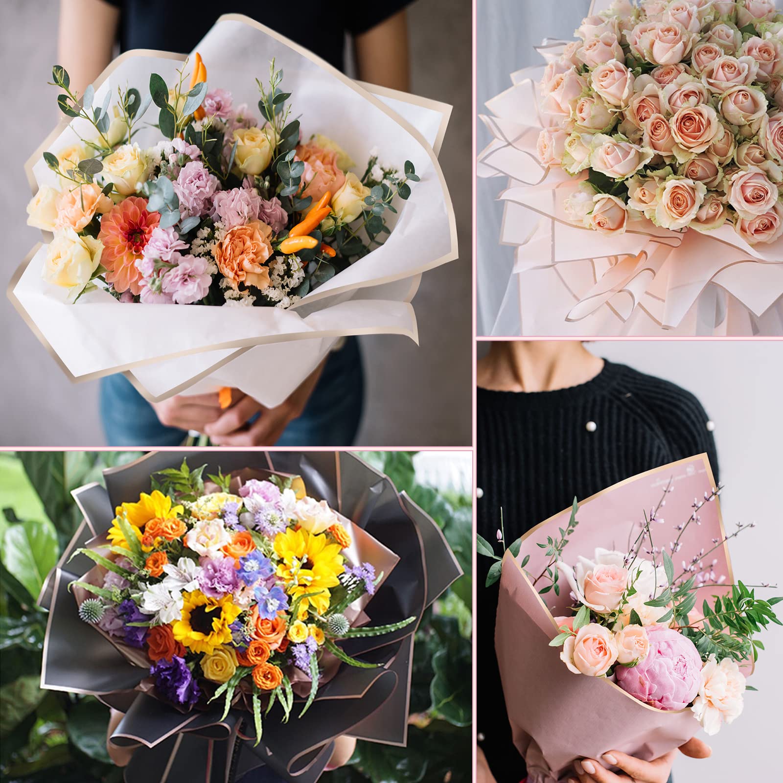 220 Sheets Bouquet Wrapping Paper - Waterproof Floral Gift Wrap with Gold Edges, 22 Colors for Flower Arrangements & Gift Packaging - Perfect for Weddings, Birthdays & DIY Crafts