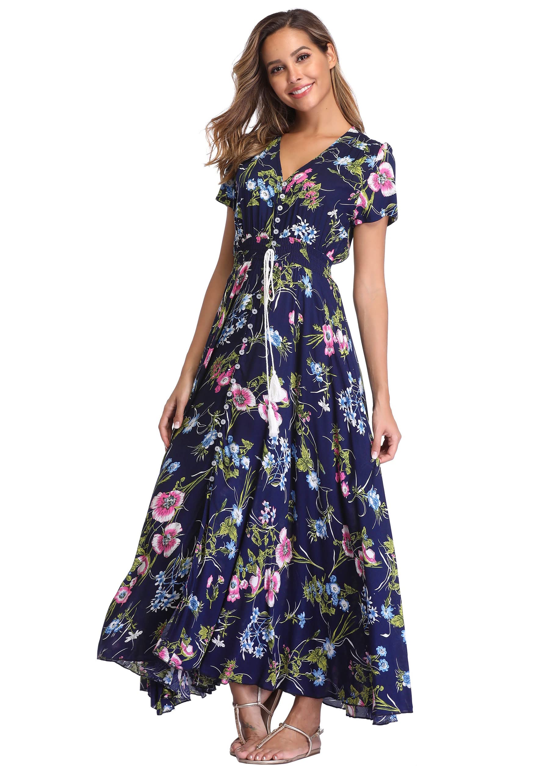 Ferrendo Women's Floral Maxi Dress - Button Up Split Front, Flowy Bohemian Summer Dress for Beach, Party & Vacation | Lightweight Casual Sundress for Outdoor Events