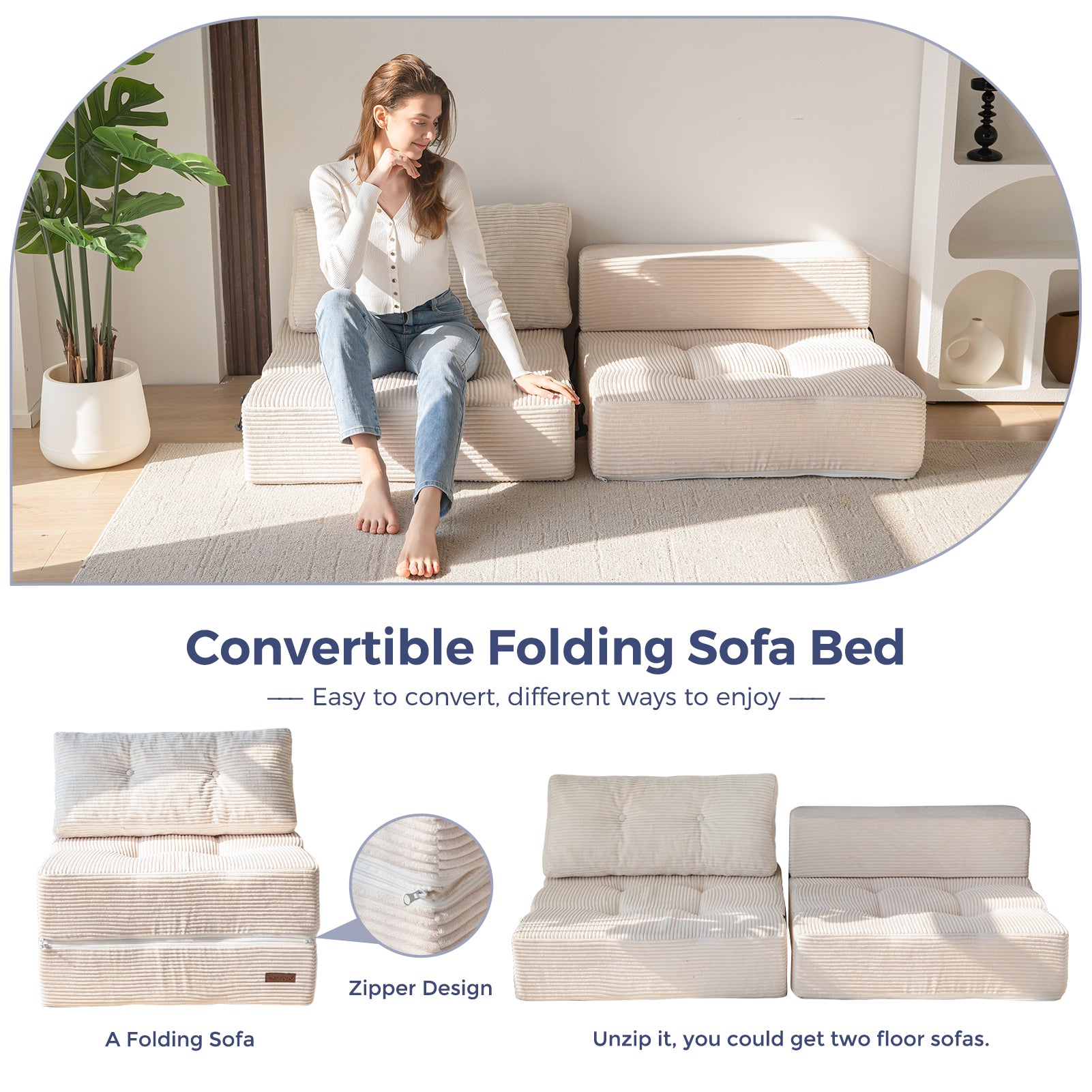 MAXYOYO Folding Sofa Bed - Convertible Sleeper Sofa with High Density Support Foam for Living Room & Bedroom (Beige) | Perfect for Small Spaces, Guest Rooms & Apartments
