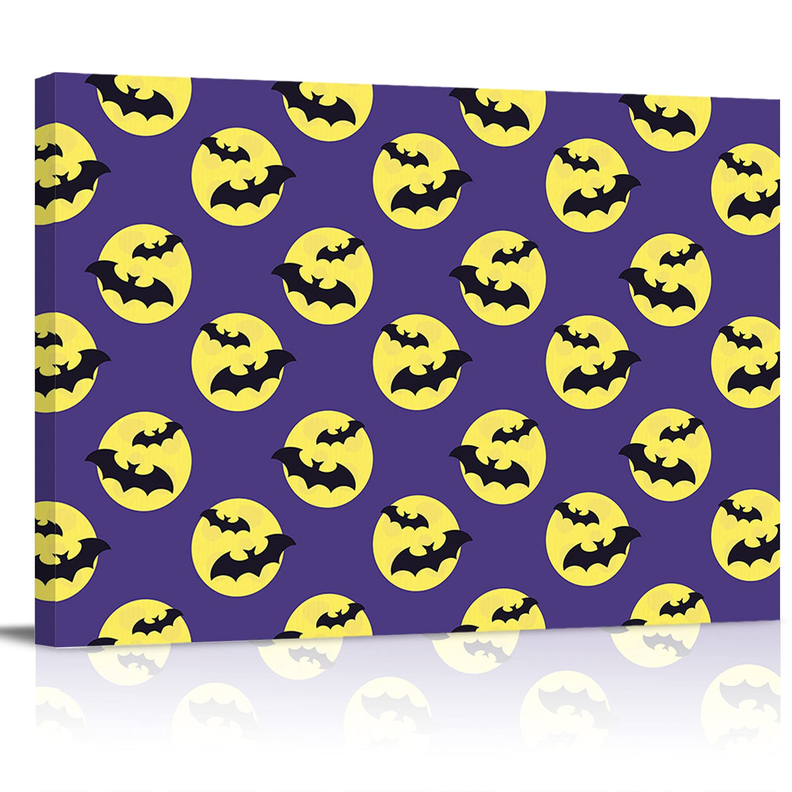 Halloween Full Moon Bat Canvas Wall Art - Purple Background Framed Print for Bathroom, Bedroom & Home Decor | Spooky Gothic Wall Decoration for Halloween Party & Haunted House Theme