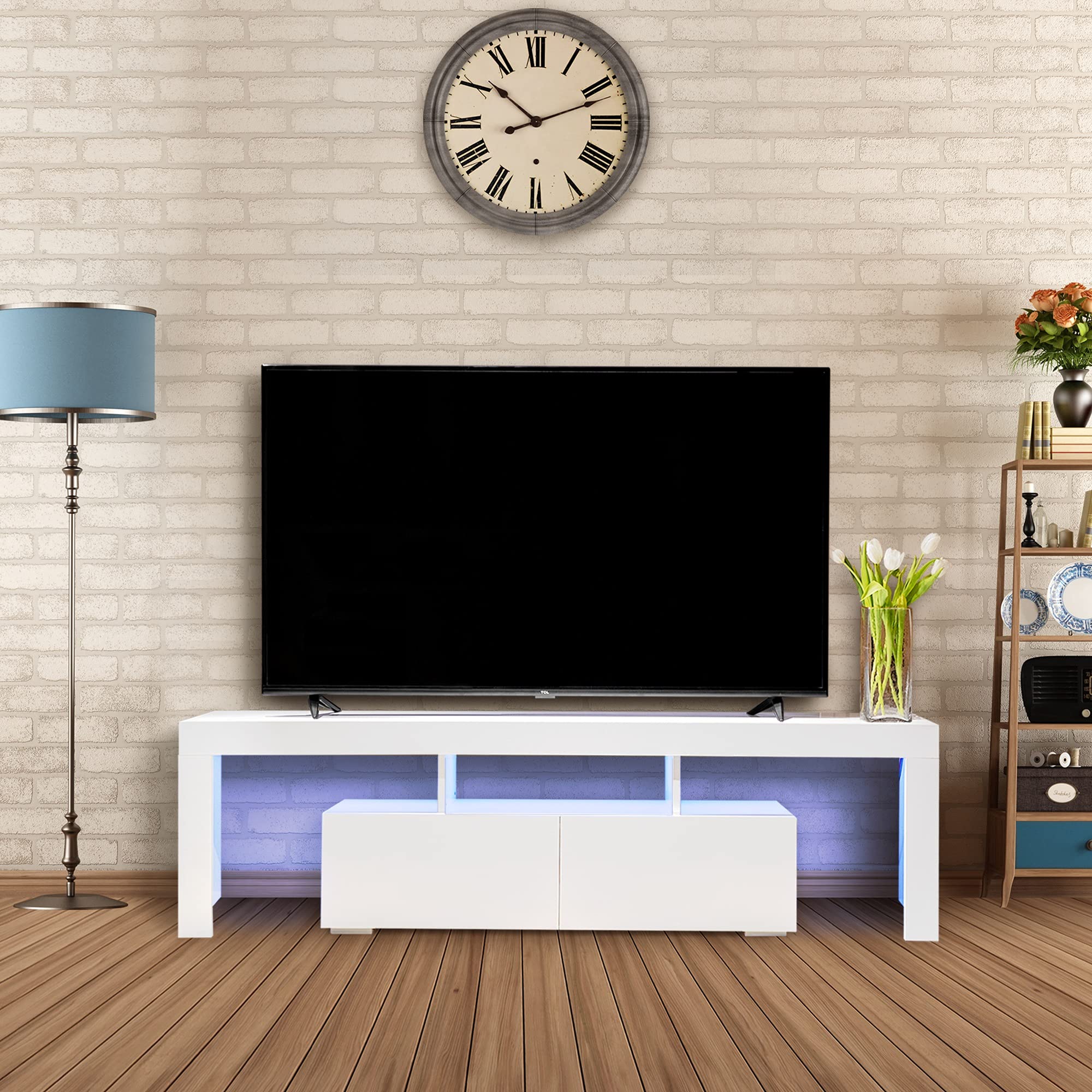 Modern White TV Stand with LED Lights - High Glossy TV Cabinet for Living Room, Bedroom & Lounge - Easy Assembly Entertainment Center for Flat Screen TVs