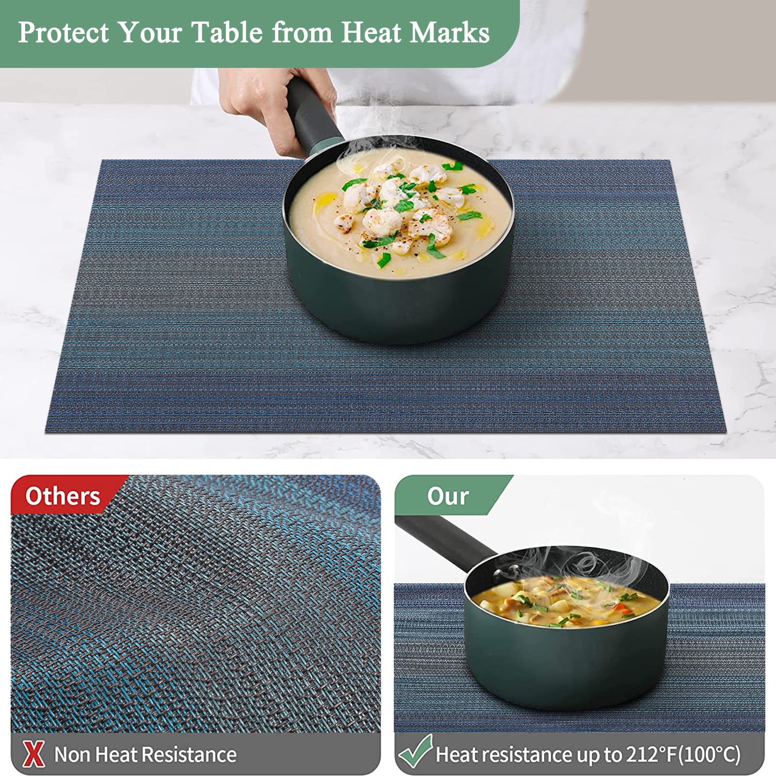 Premium Woven Vinyl Placemats Set of 6 - Heat Resistant & Washable Table Mats for Indoor/Outdoor Dining - Dark Blue - Perfect for Family Meals, Kids' Use, and Outdoor Entertaining