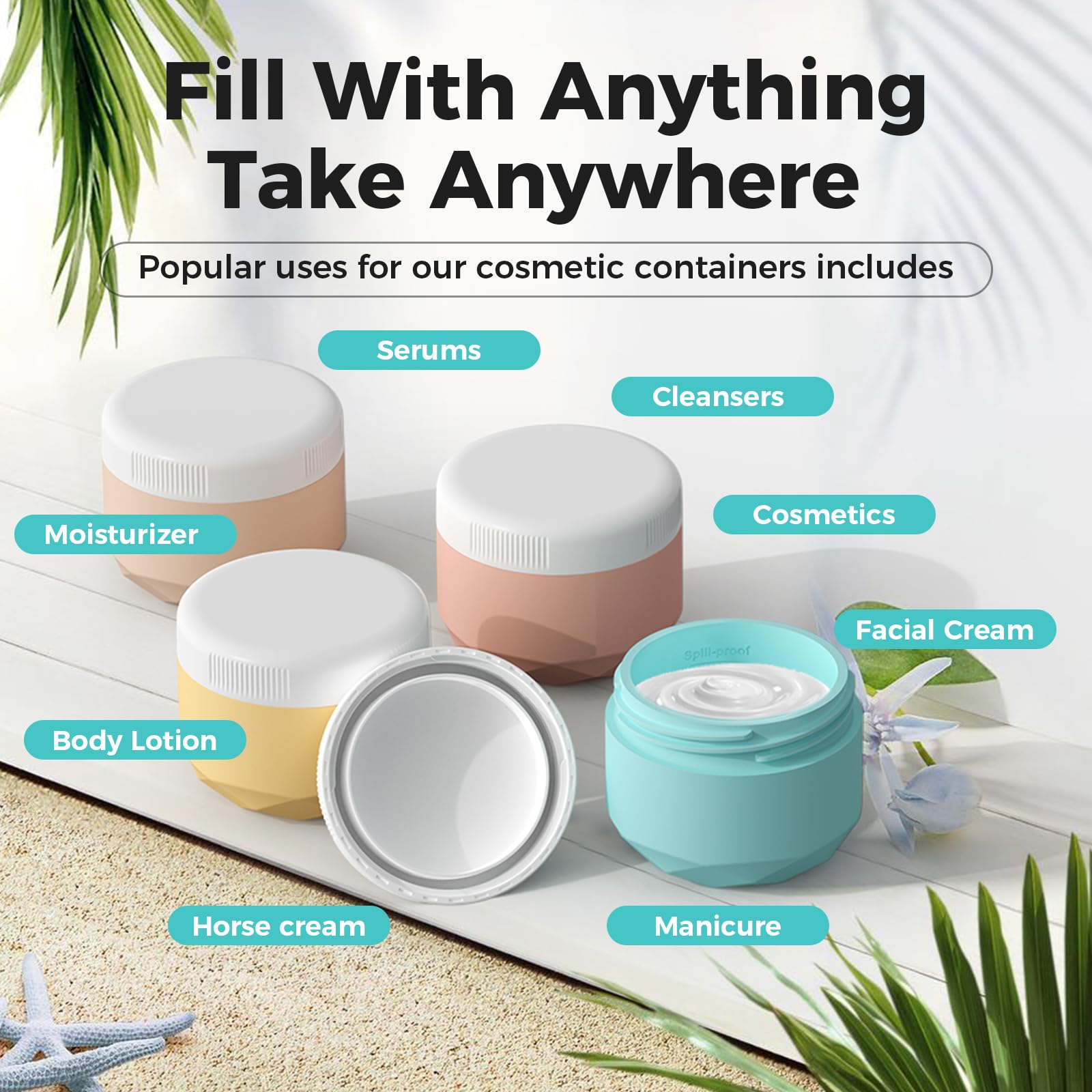 TSA Approved 4-Pack 1oz Silicone Travel Containers for Toiletries | Leakproof & BPA Free Cosmetic Jars for Creams, Lotions, Skincare & Makeup | Includes Waterproof Bag | Perfect for Air Travel, Gym & Vacation Essentials