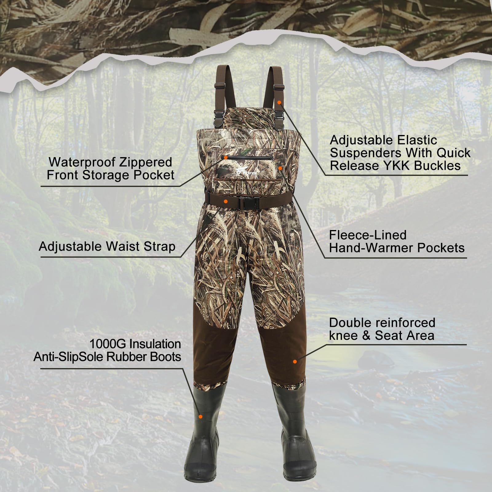 8 Fans Breathable Hunting Waders - 1000G Insulated Waterproof Boots with Removable Liner for Duck Hunting & Fishing (Realtree Max5 Camo, Sizes 7-14) - Ideal for Cold Weather Waterfowl Hunting and Outdoor Adventures