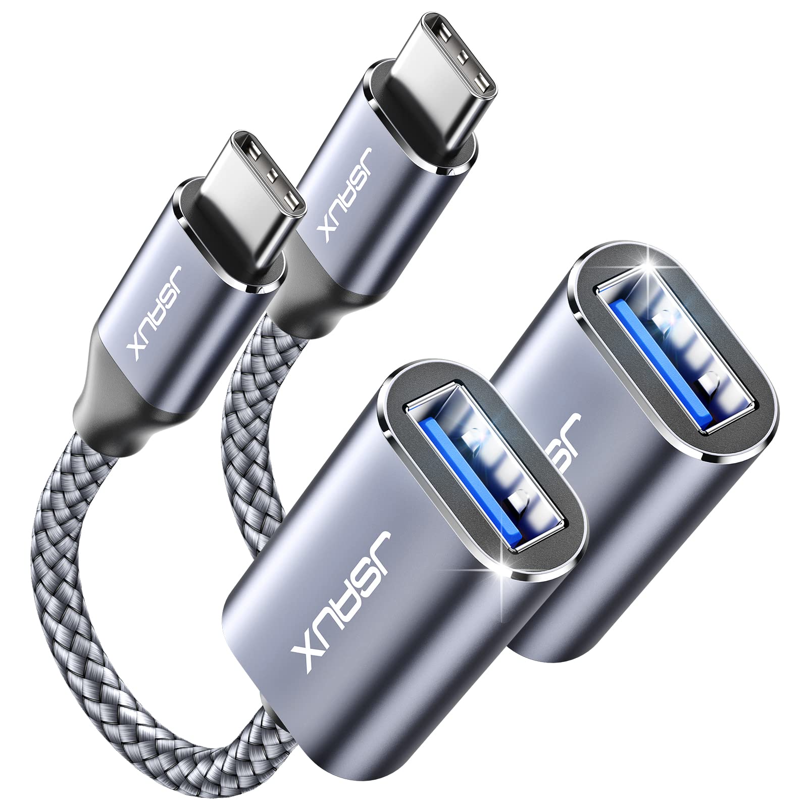 JSAUX USB C to USB 3.0 Adapter (2 Pack) - USB Type C Male to USB A Female OTG Cable - Compatible with iPhone 16 Pro Max/15 Pro Max, iPad Pro, MacBook Pro/Air, Galaxy S24/S23/S22 Ultra - Fast Data Transfer - Perfect for Travel, Office & Home Use - Grey