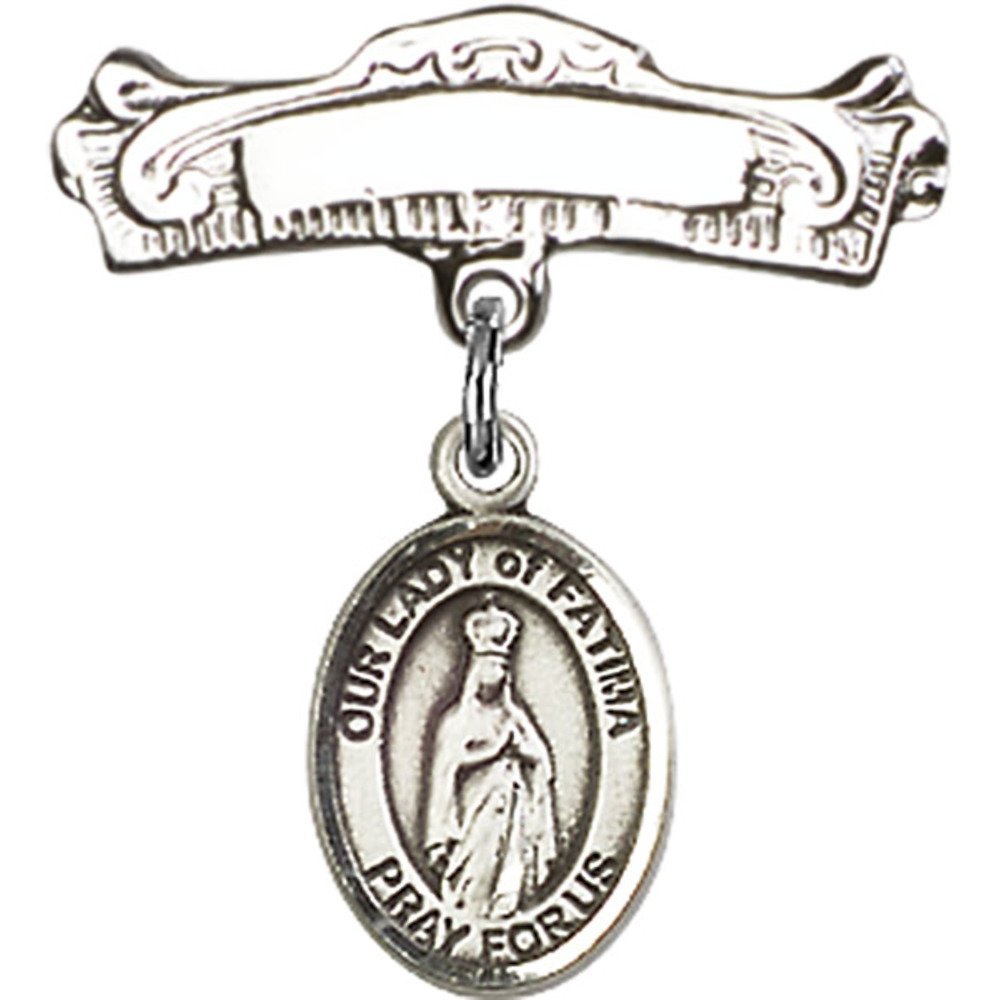 Sterling Silver Baby Badge with Our Lady of Fatima Charm - 7/8 X 7/8 Inch Arched Polished Pin - Perfect for Christening, Baptism & First Communion Gifts