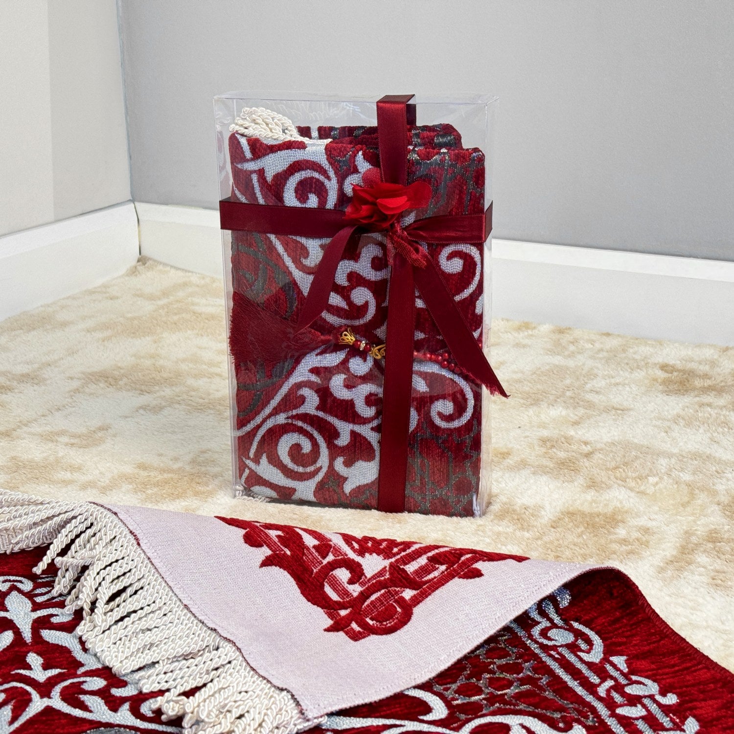 Premium Red Prayer Mat and Tasbih Beads Set - Islamic Prayer Rug with Non-Slip Backing, Perfect for Daily Salah, Eid Gifts & Home Decor