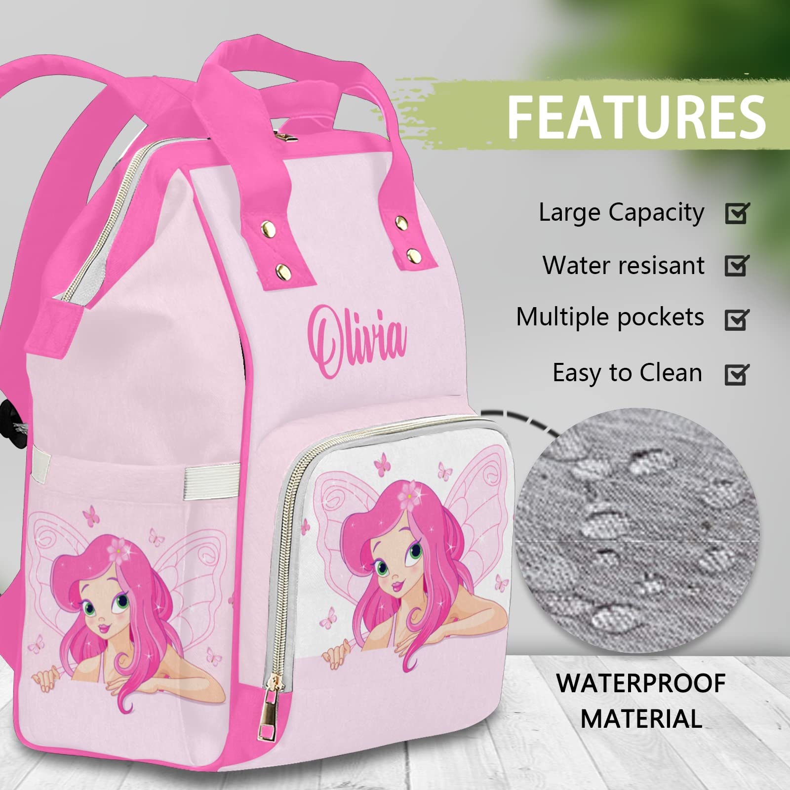 Custom Personalized Diaper Bag Backpack Tote - Princess Fairy Pink Baby Shower Gift for New Moms | Perfect for Travel, Daycare & On-the-Go Parenting