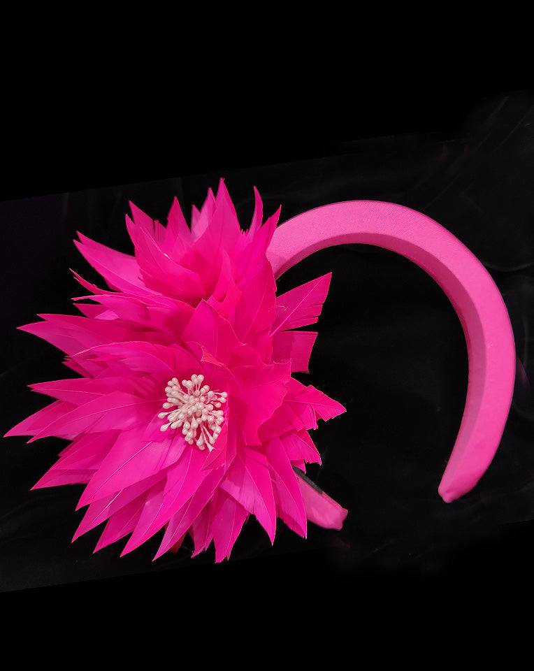 Race Day Crown & Fascinators - Hot Pink Padded Headband with Feather Flowers | Barbie-Inspired Hair Accessories for Weddings, Parties & Derby Events